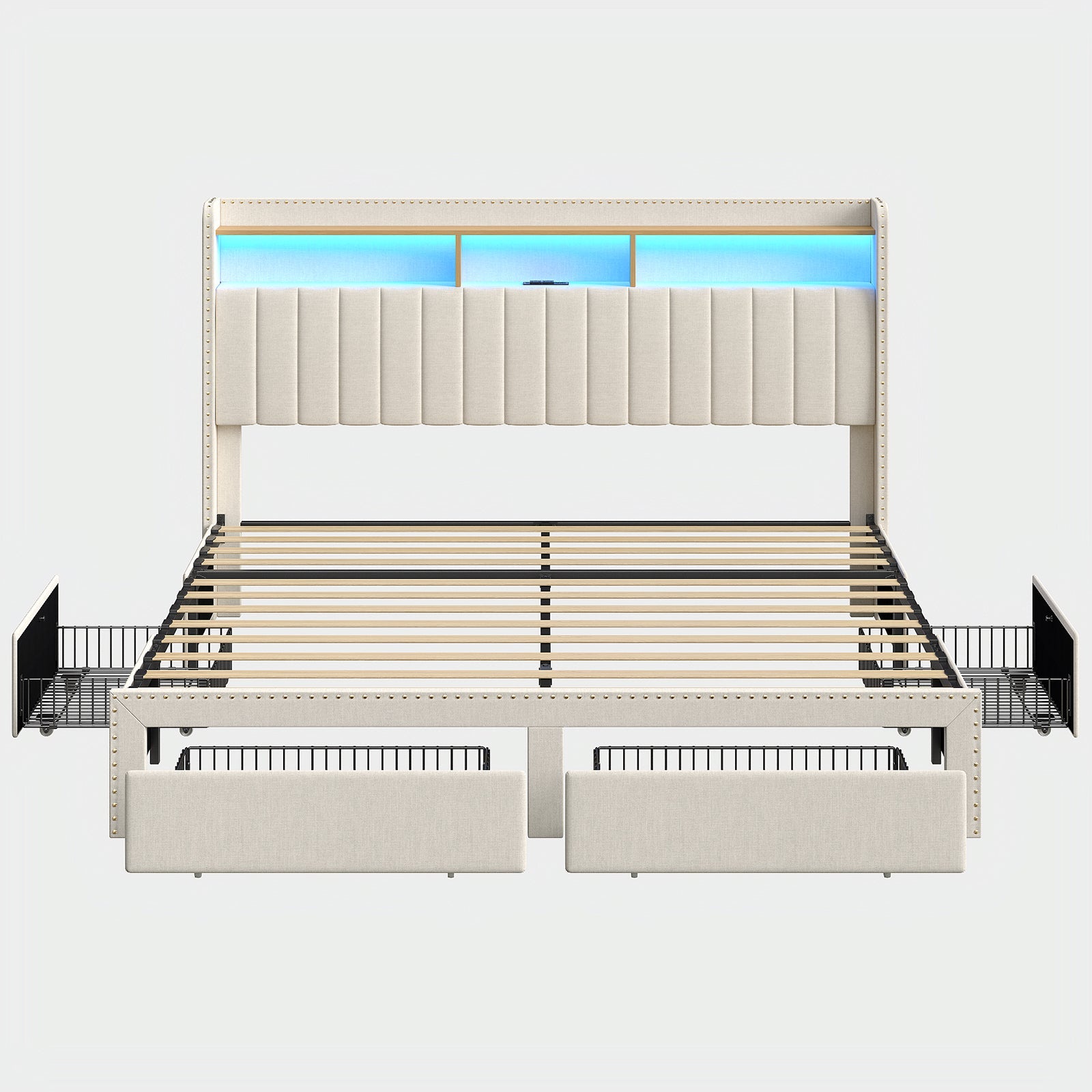 Queen LED Bed Frame with LED, USB Charging, Storage Drawers White