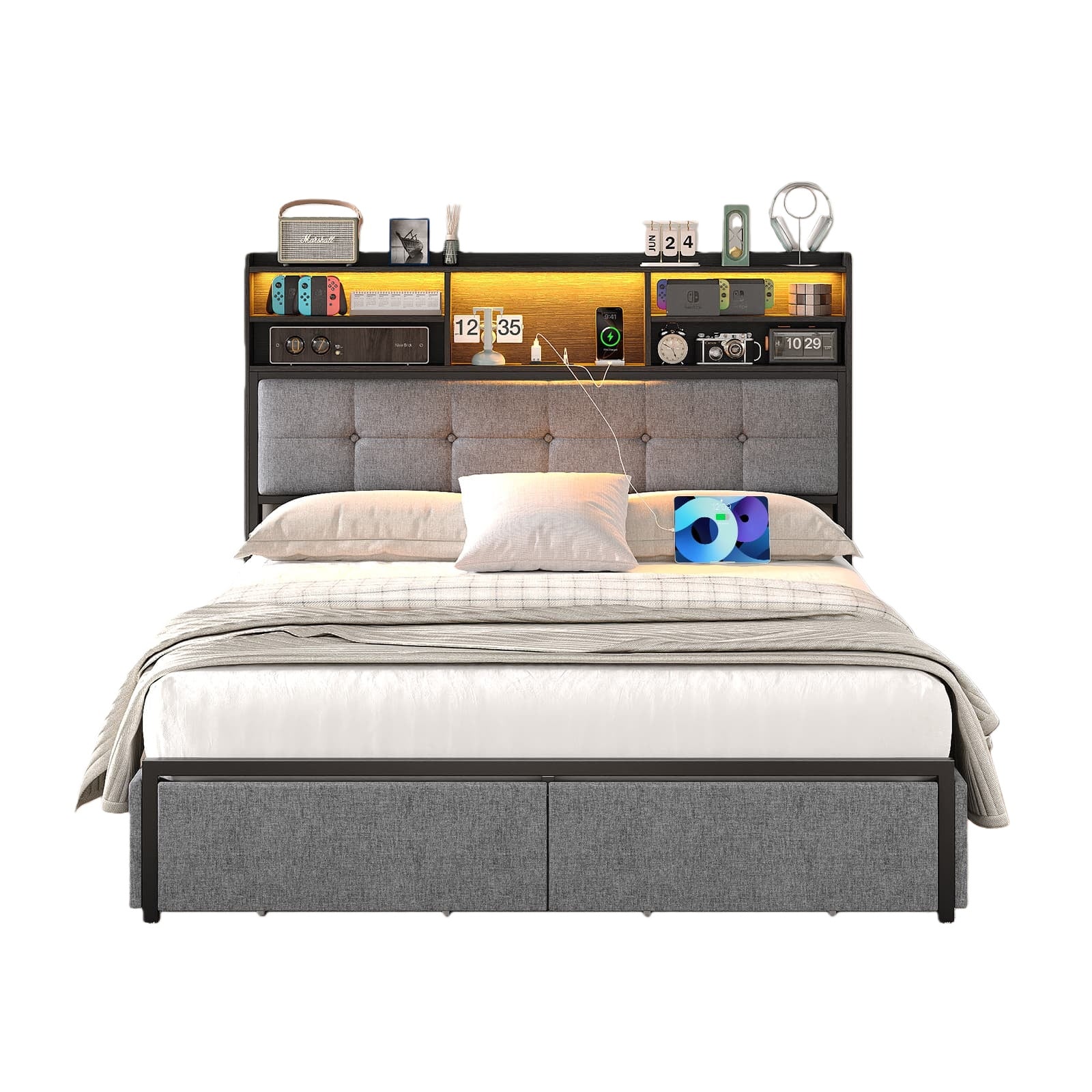 Full LED Bed Frame with LED, USB Charging, Storage Drawers, No Box Spring Needed