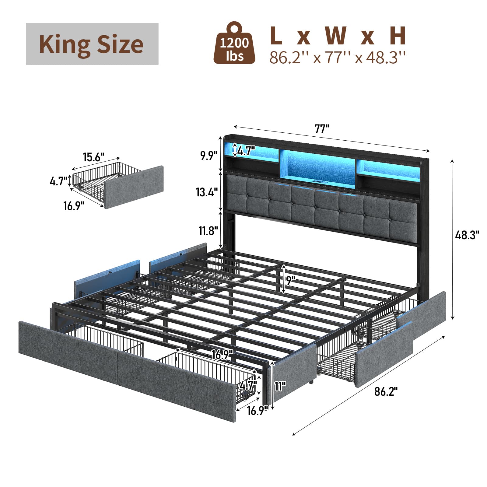 Full LED Bed Frame with LED, USB Charging, Storage Drawers, No Box Spring Needed