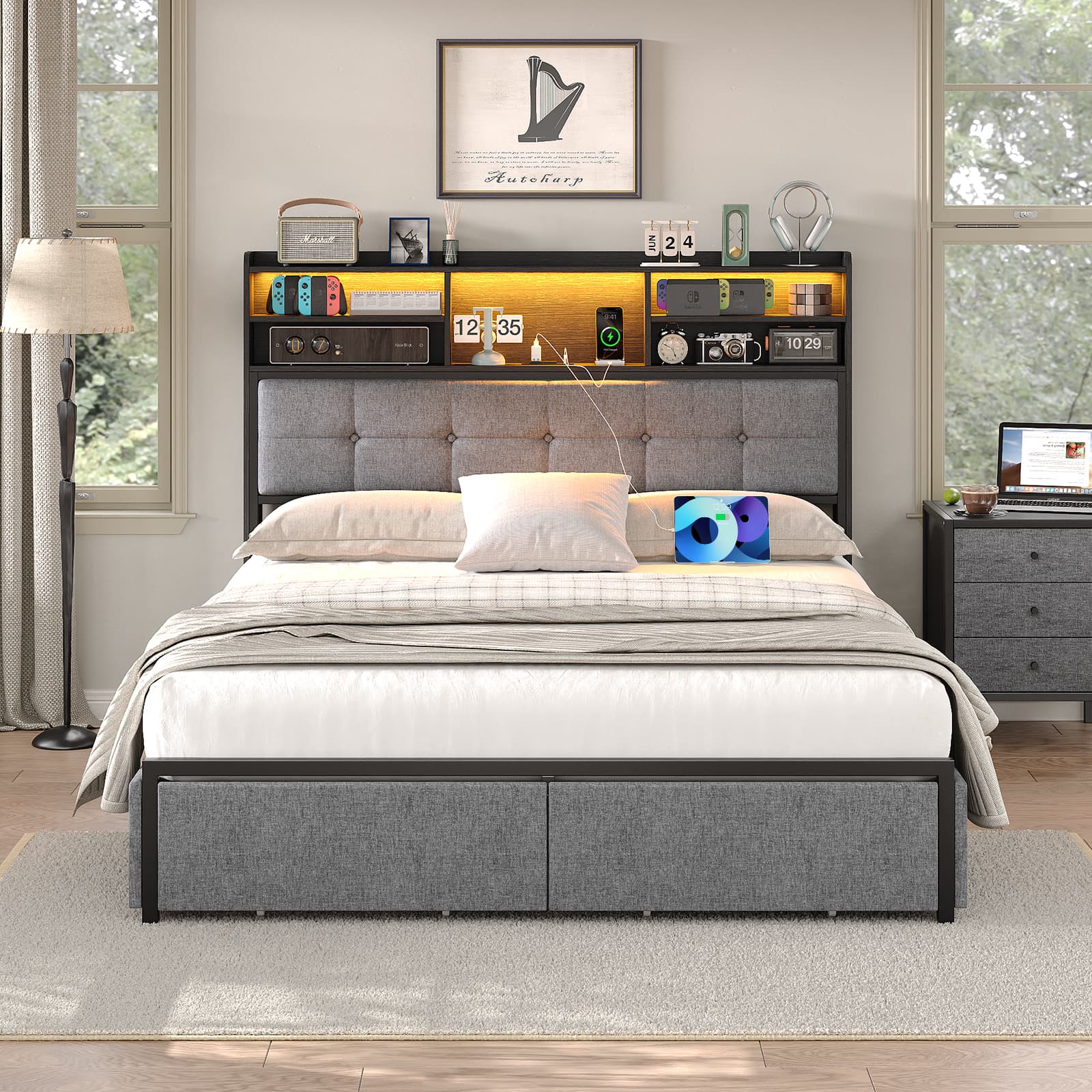 Full LED Bed Frame with LED, USB Charging, Storage Drawers, No Box Spring Needed