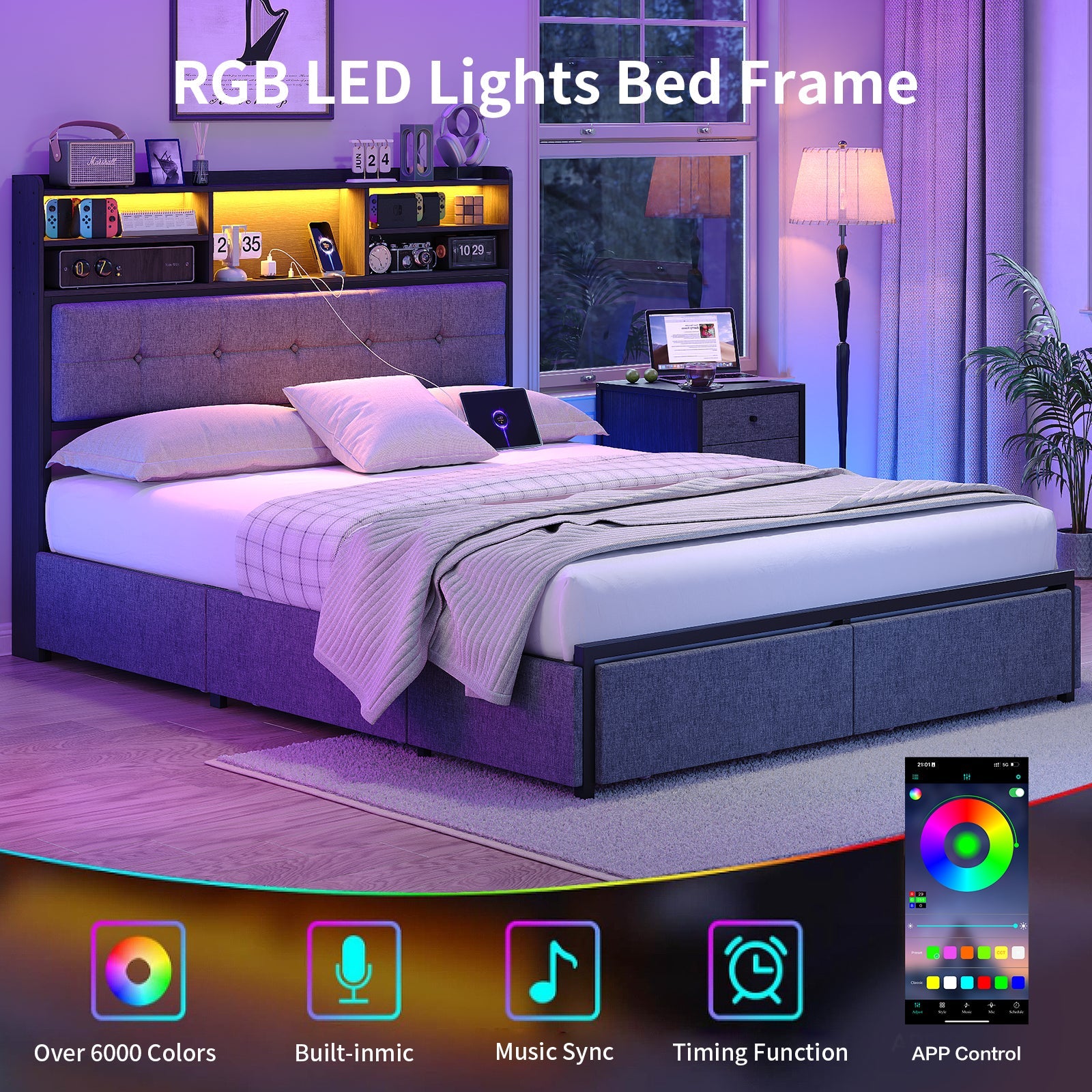 Full LED Bed Frame with LED, USB Charging, Storage Drawers, No Box Spring Needed
