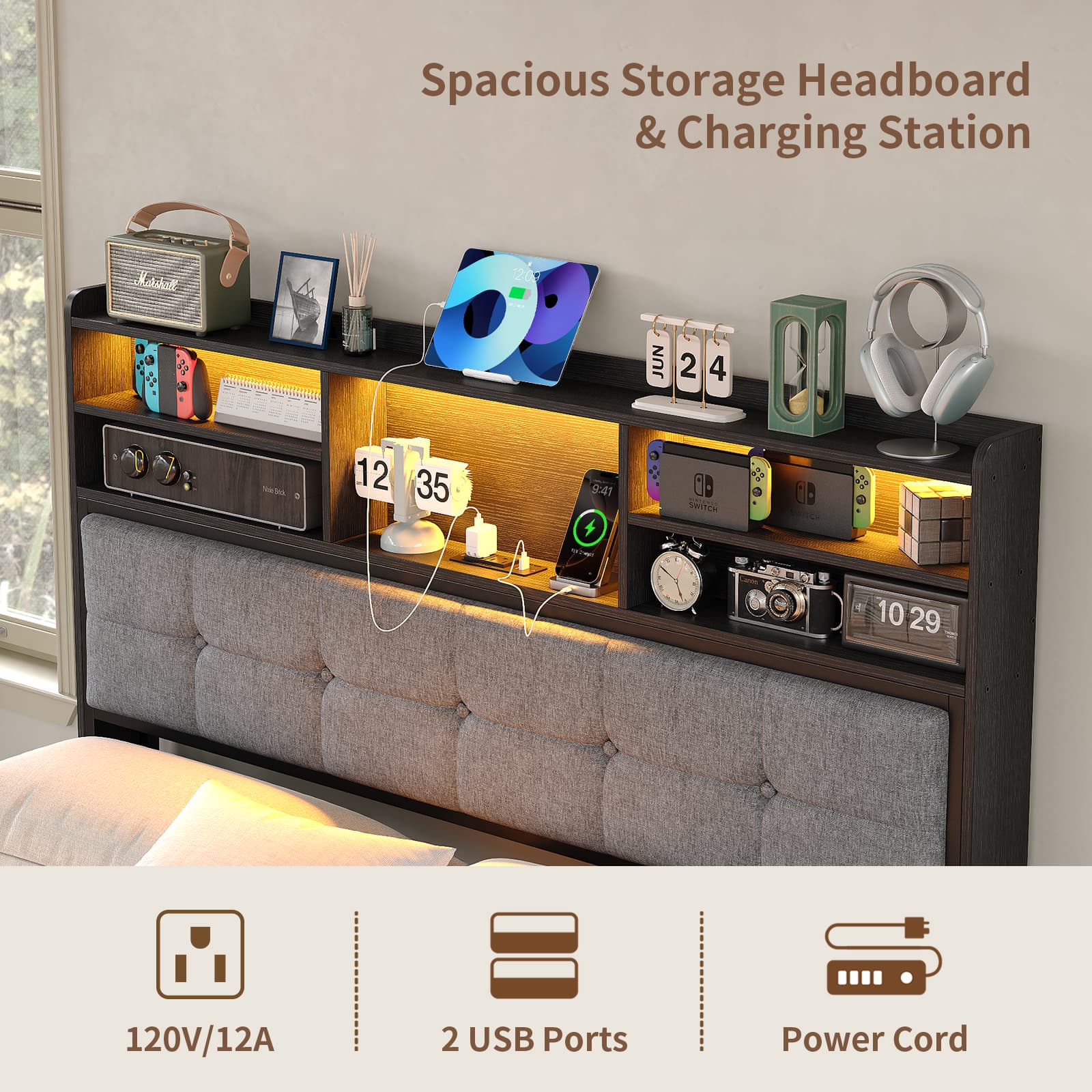 Full LED Bed Frame with LED, USB Charging, Storage Drawers, No Box Spring Needed