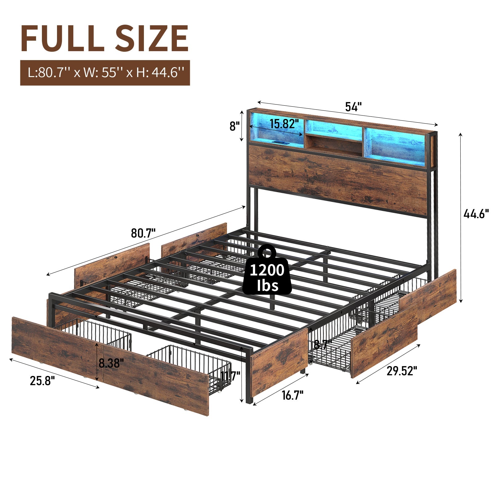 Full LED Bed Frame with LED, USB Charging, Storage Drawers, No Box Spring Needed