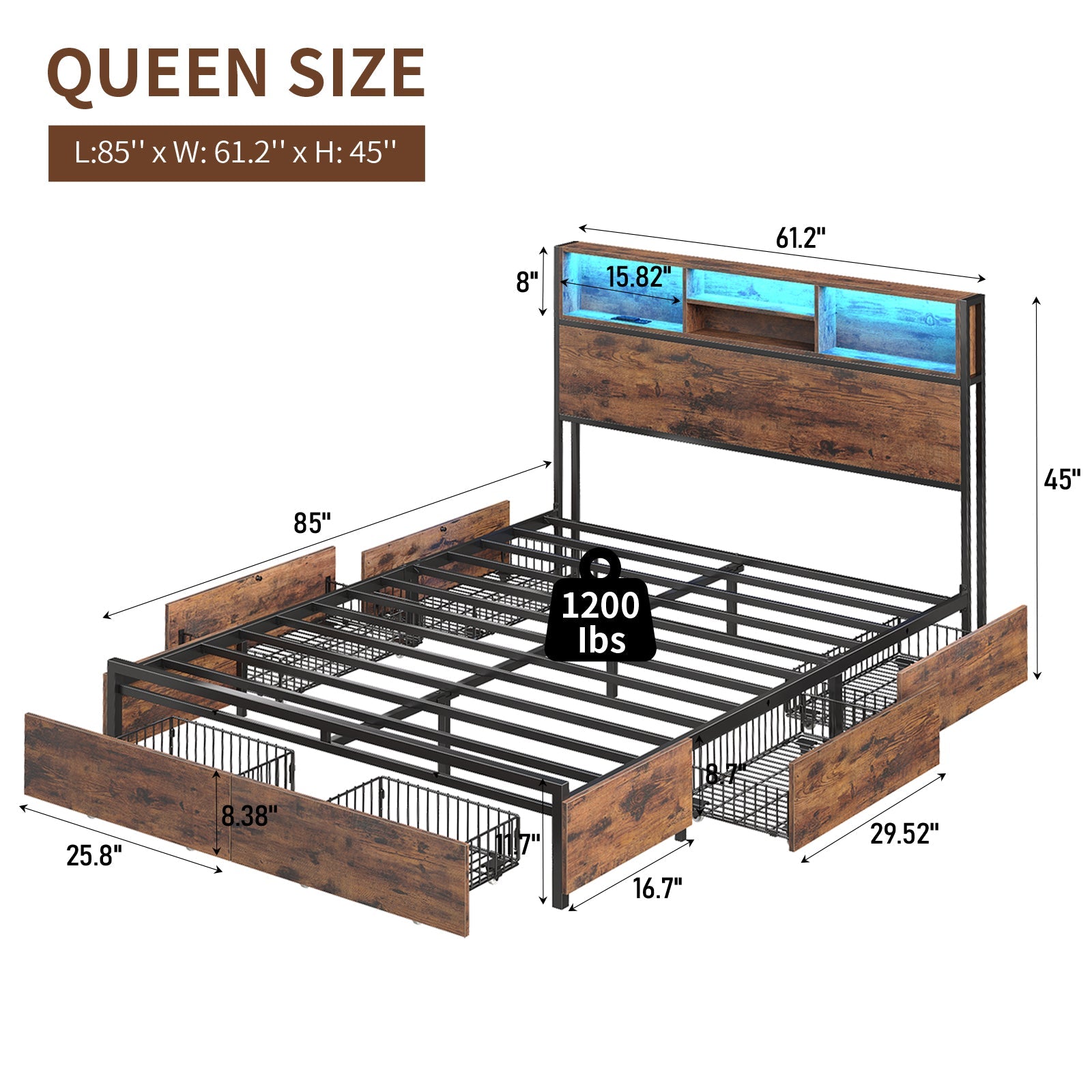 Full LED Bed Frame with LED, USB Charging, Storage Drawers, No Box Spring Needed