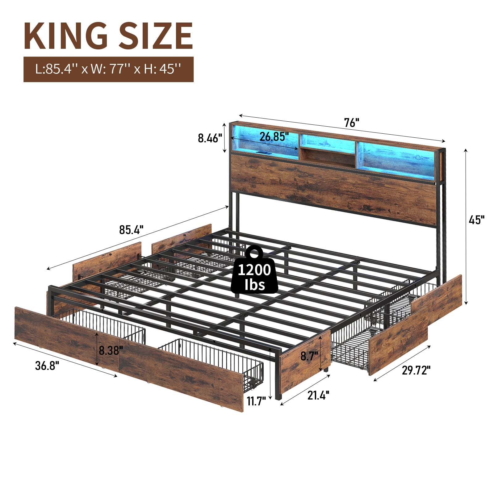 Full LED Bed Frame with LED, USB Charging, Storage Drawers, No Box Spring Needed