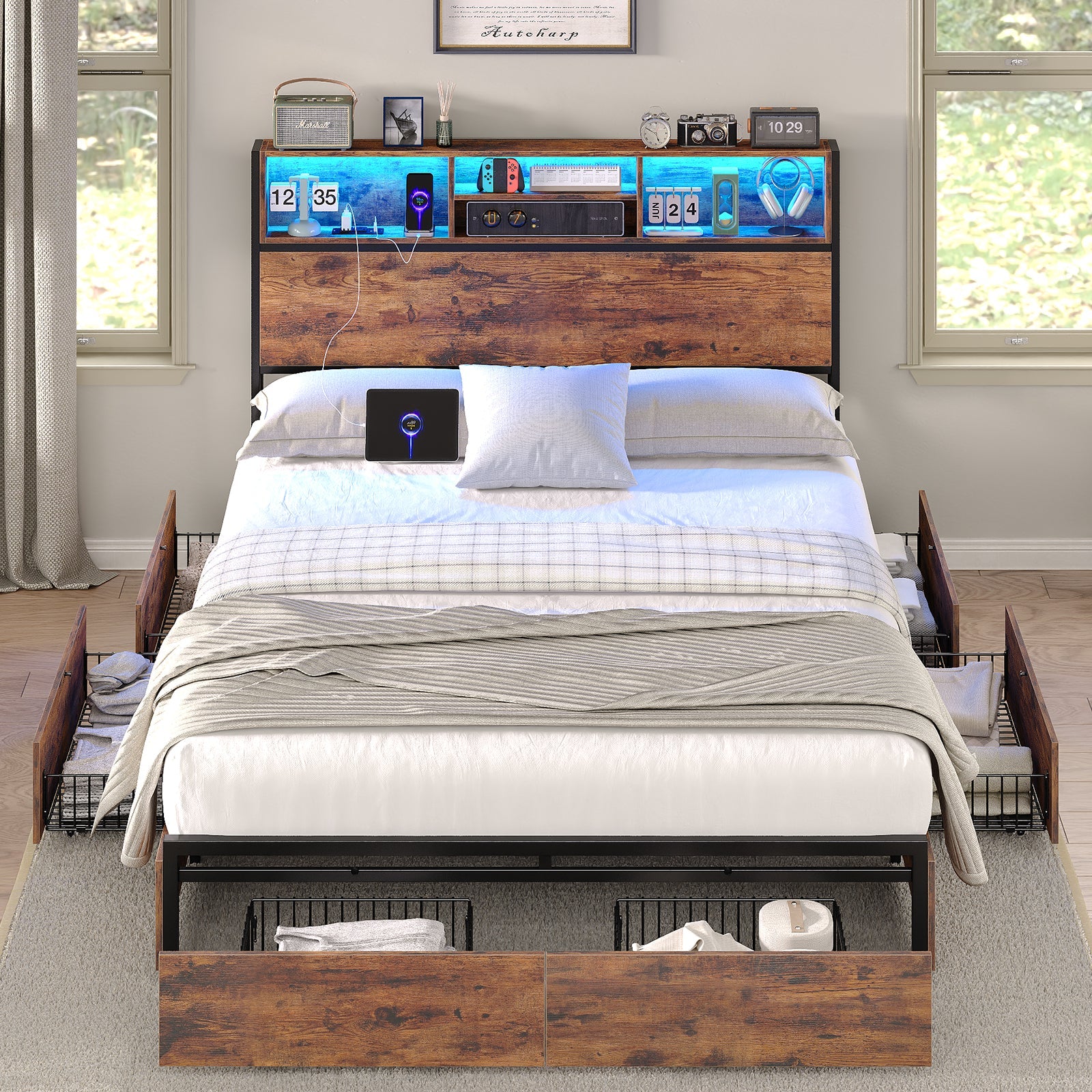 Full LED Bed Frame with LED, USB Charging, Storage Drawers, No Box Spring Needed
