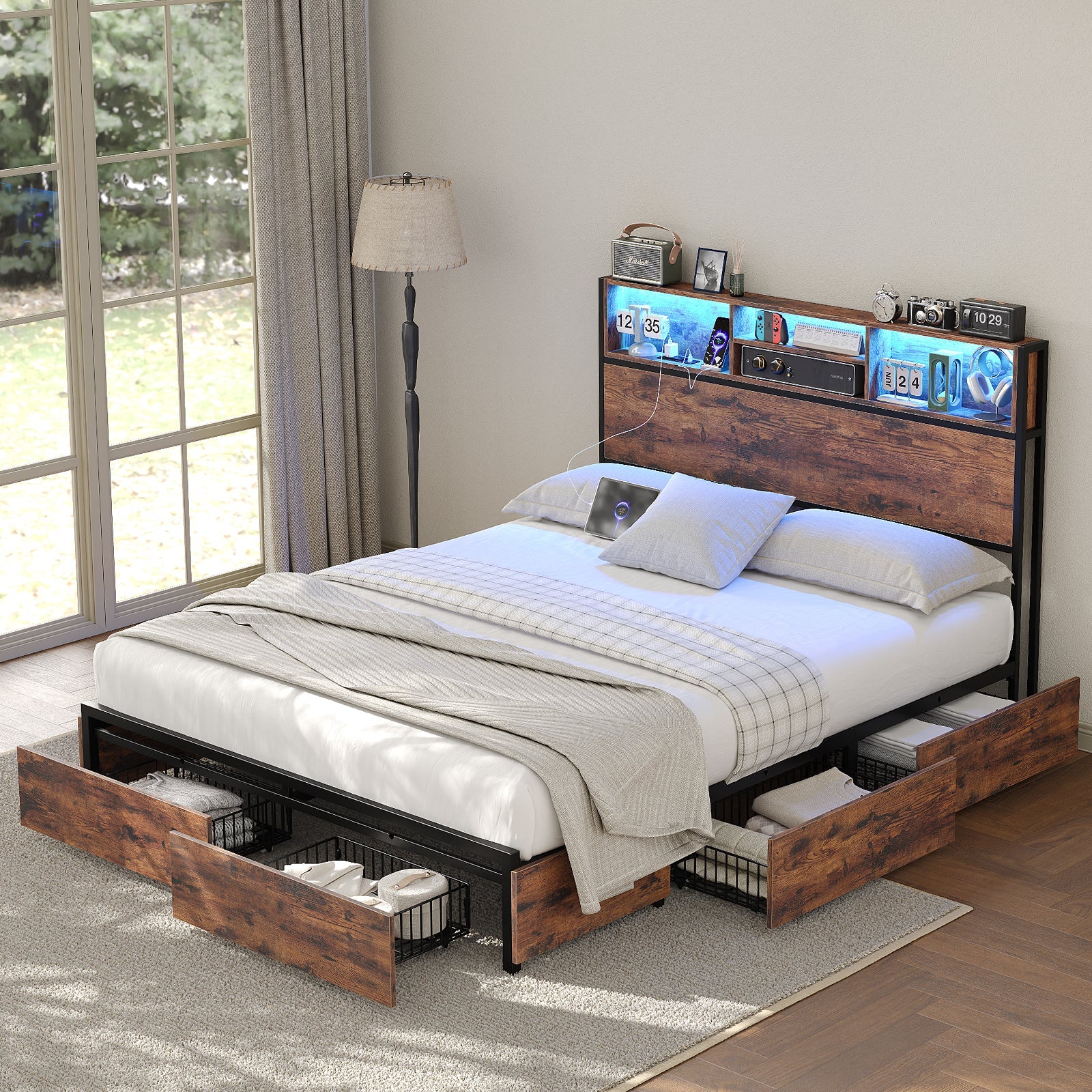 Full LED Bed Frame with LED, USB Charging, Storage Drawers, No Box Spring Needed