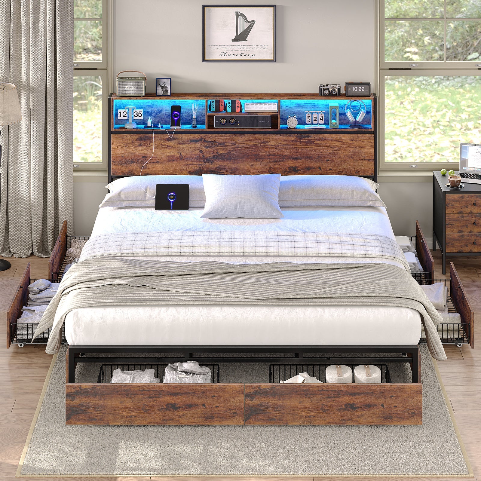 Full LED Bed Frame with LED, USB Charging, Storage Drawers, No Box Spring Needed