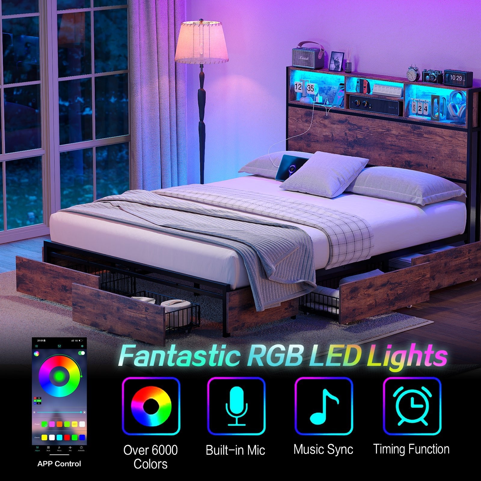 Full LED Bed Frame with LED, USB Charging, Storage Drawers, No Box Spring Needed