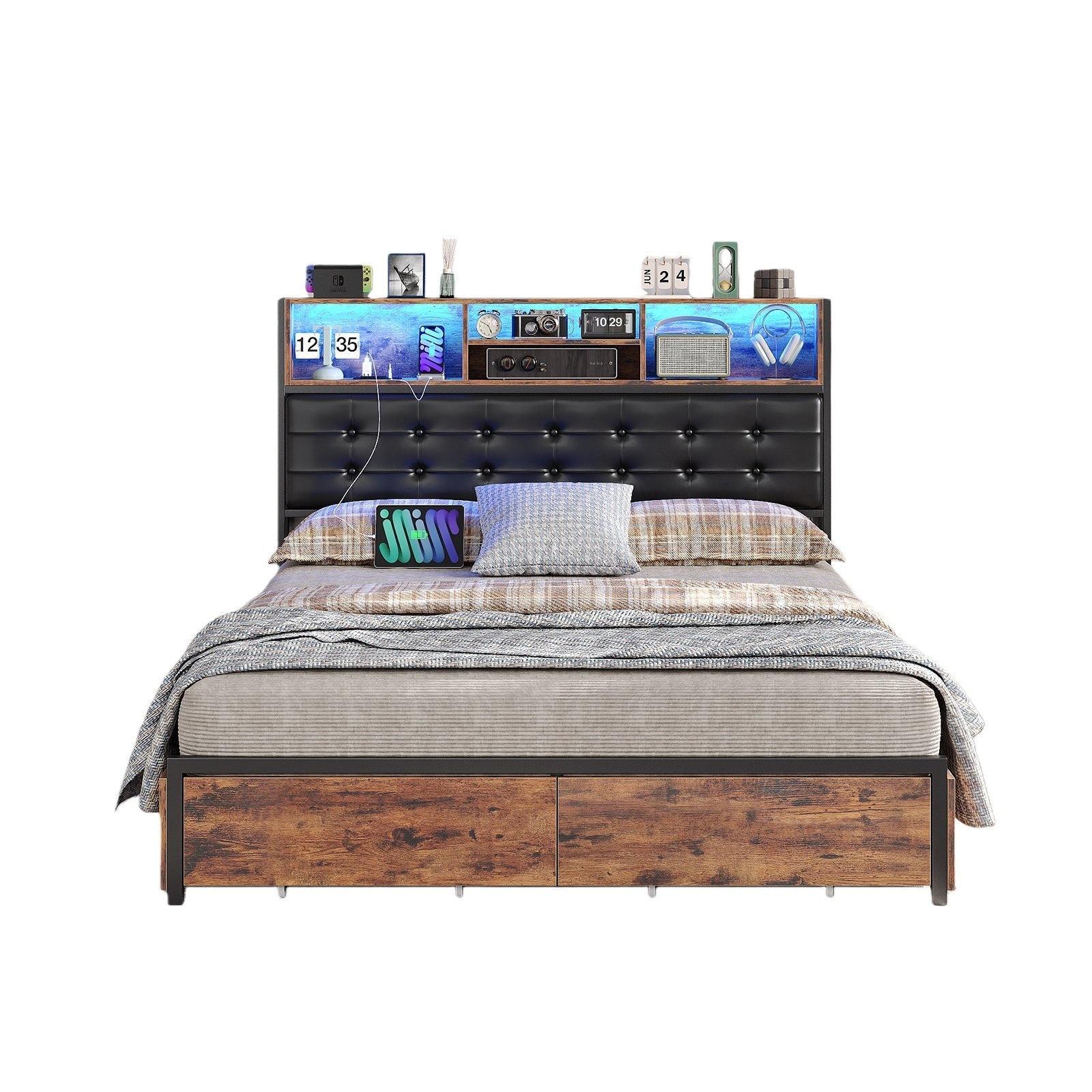 Full RGB LED Bed Frame with RGB LED, USB Charging, Storage Drawers, No Box Spring Needed