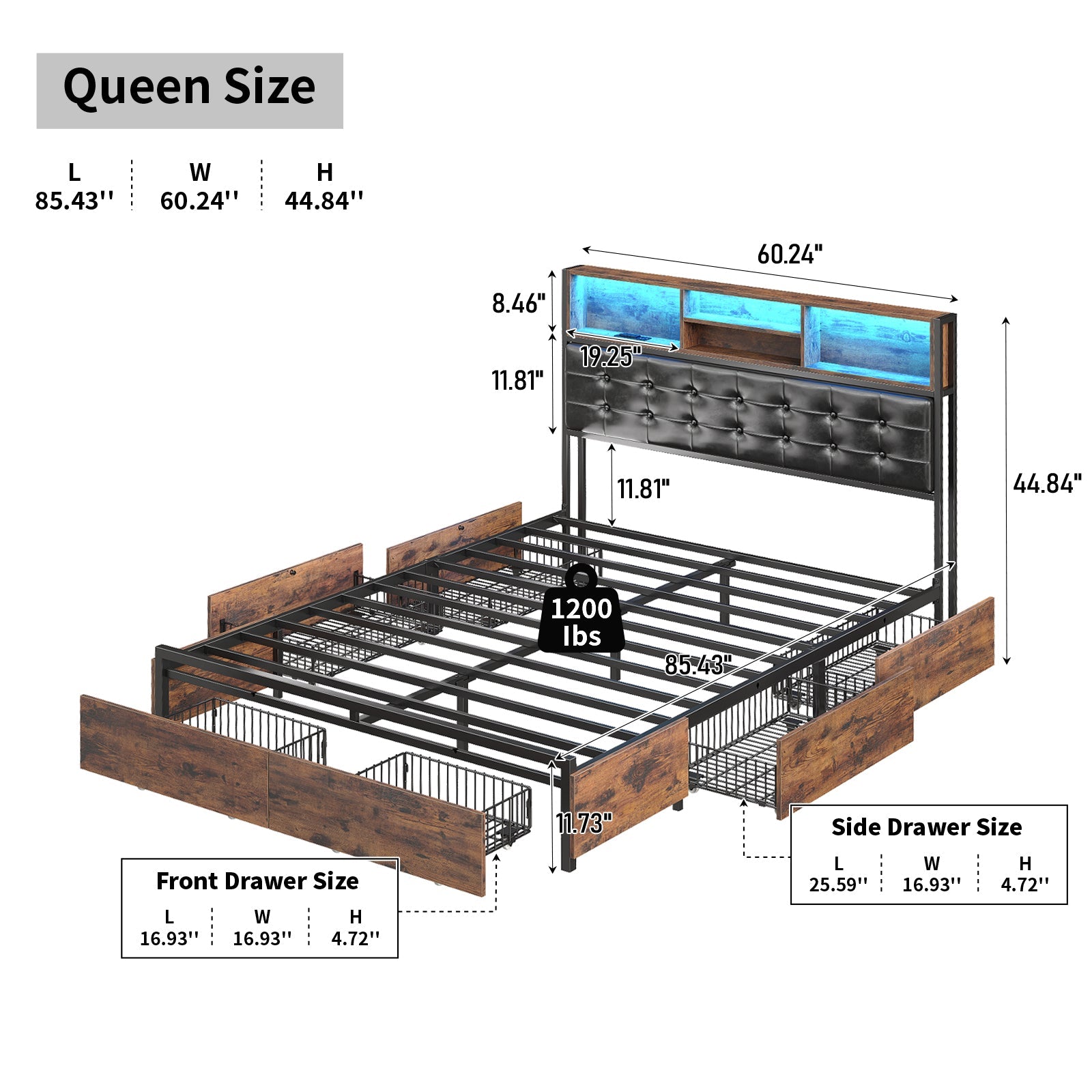 Full RGB LED Bed Frame with RGB LED, USB Charging, Storage Drawers, No Box Spring Needed
