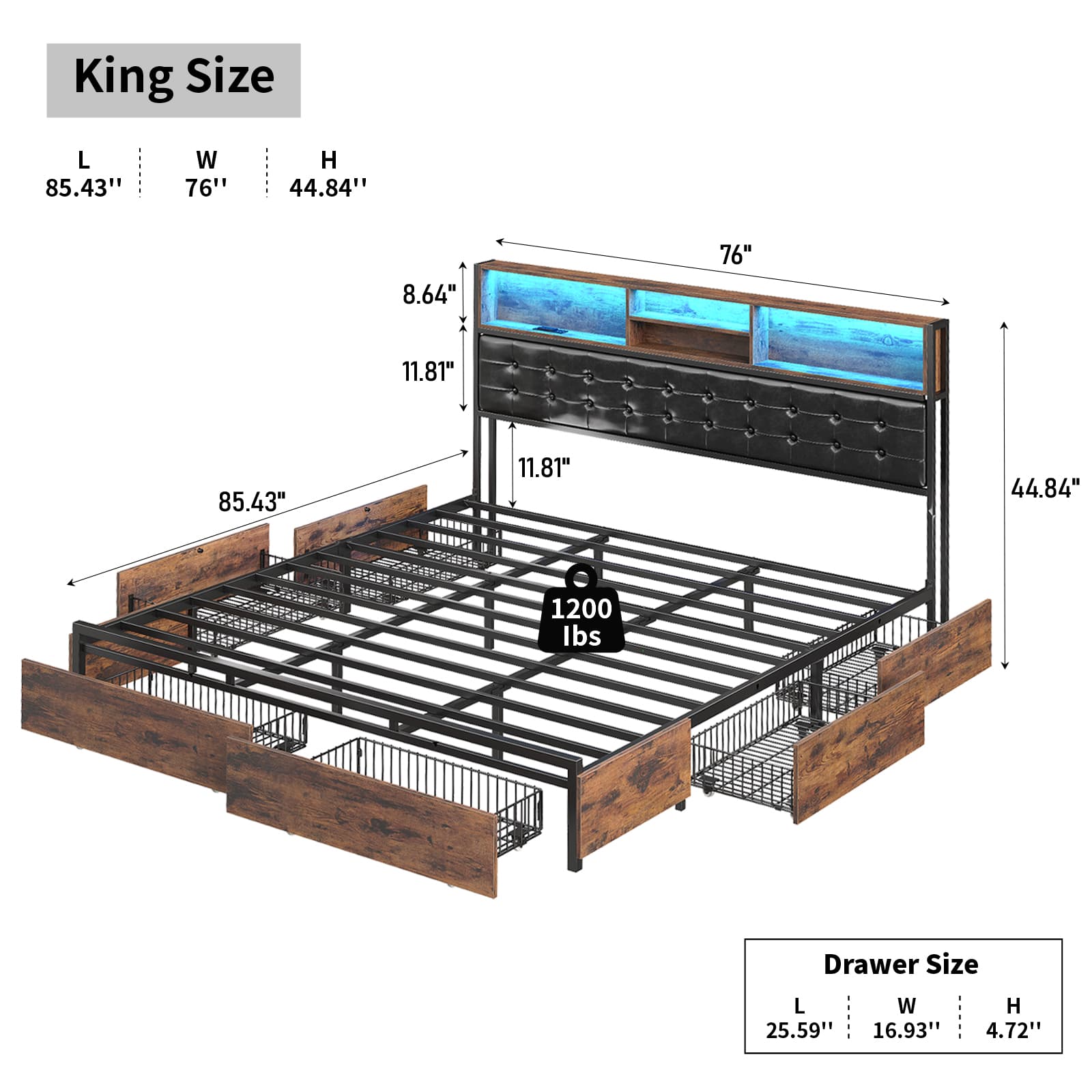 Full RGB LED Bed Frame with RGB LED, USB Charging, Storage Drawers, No Box Spring Needed