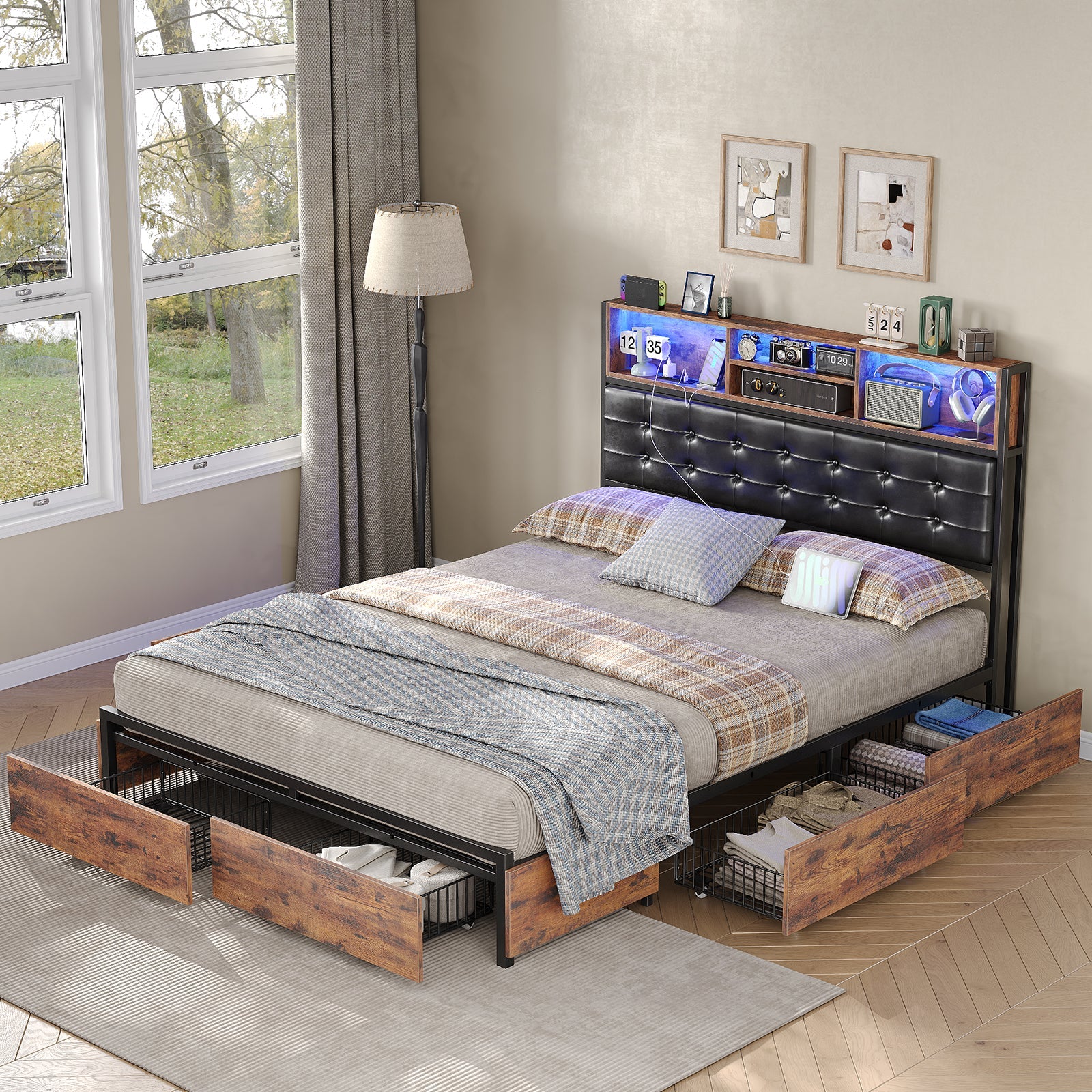 Full RGB LED Bed Frame with RGB LED, USB Charging, Storage Drawers, No Box Spring Needed