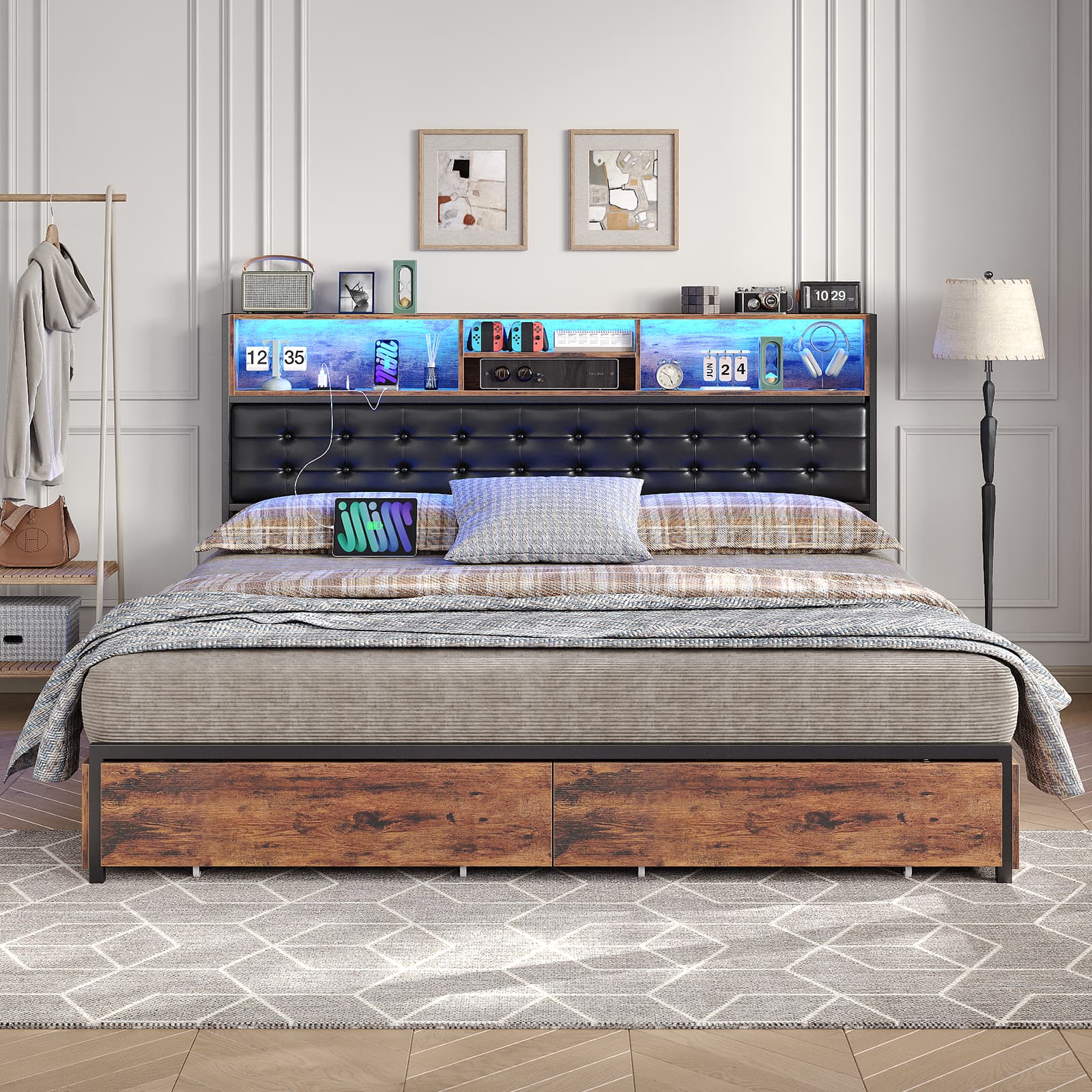 Full RGB LED Bed Frame with RGB LED, USB Charging, Storage Drawers, No Box Spring Needed