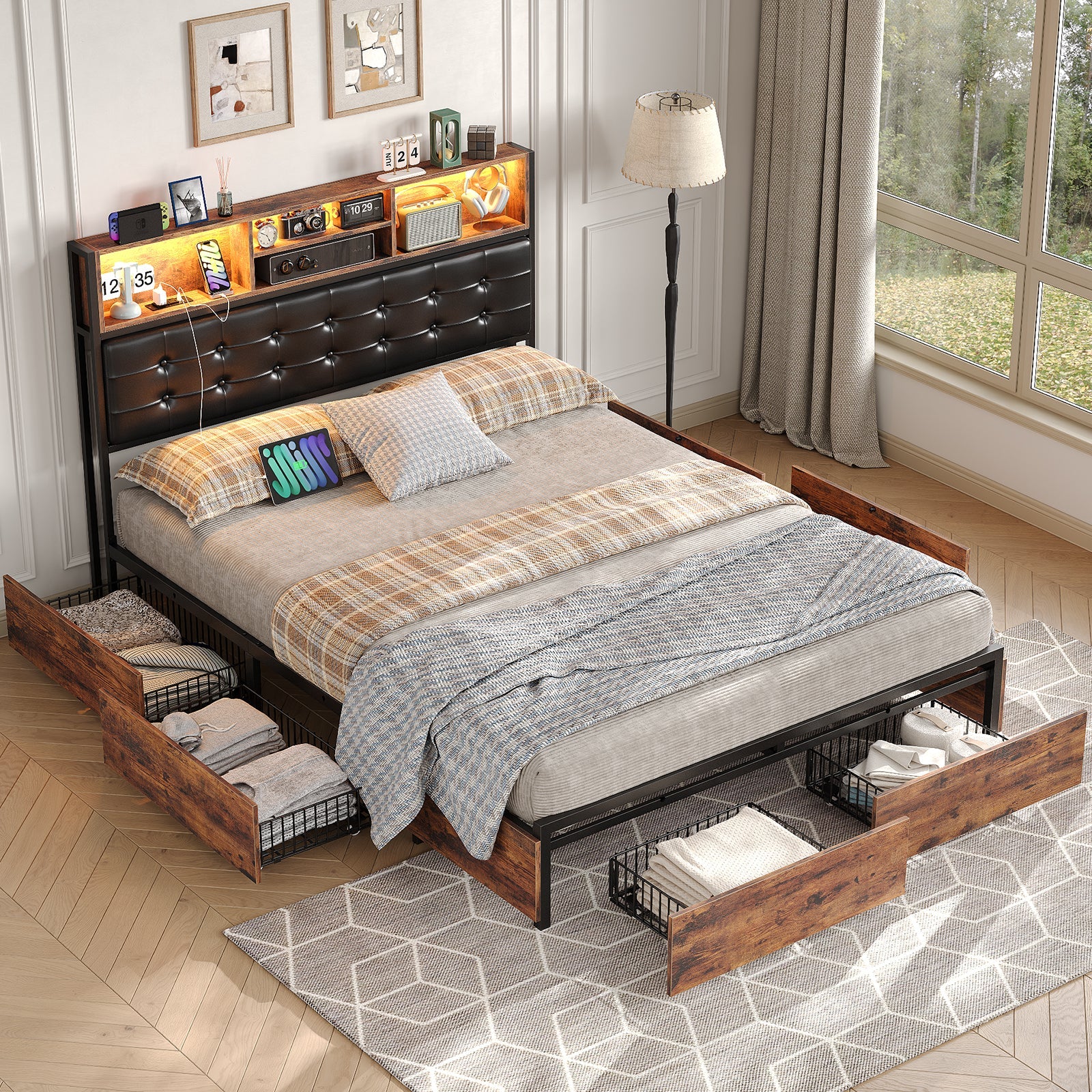 Full RGB LED Bed Frame with RGB LED, USB Charging, Storage Drawers, No Box Spring Needed
