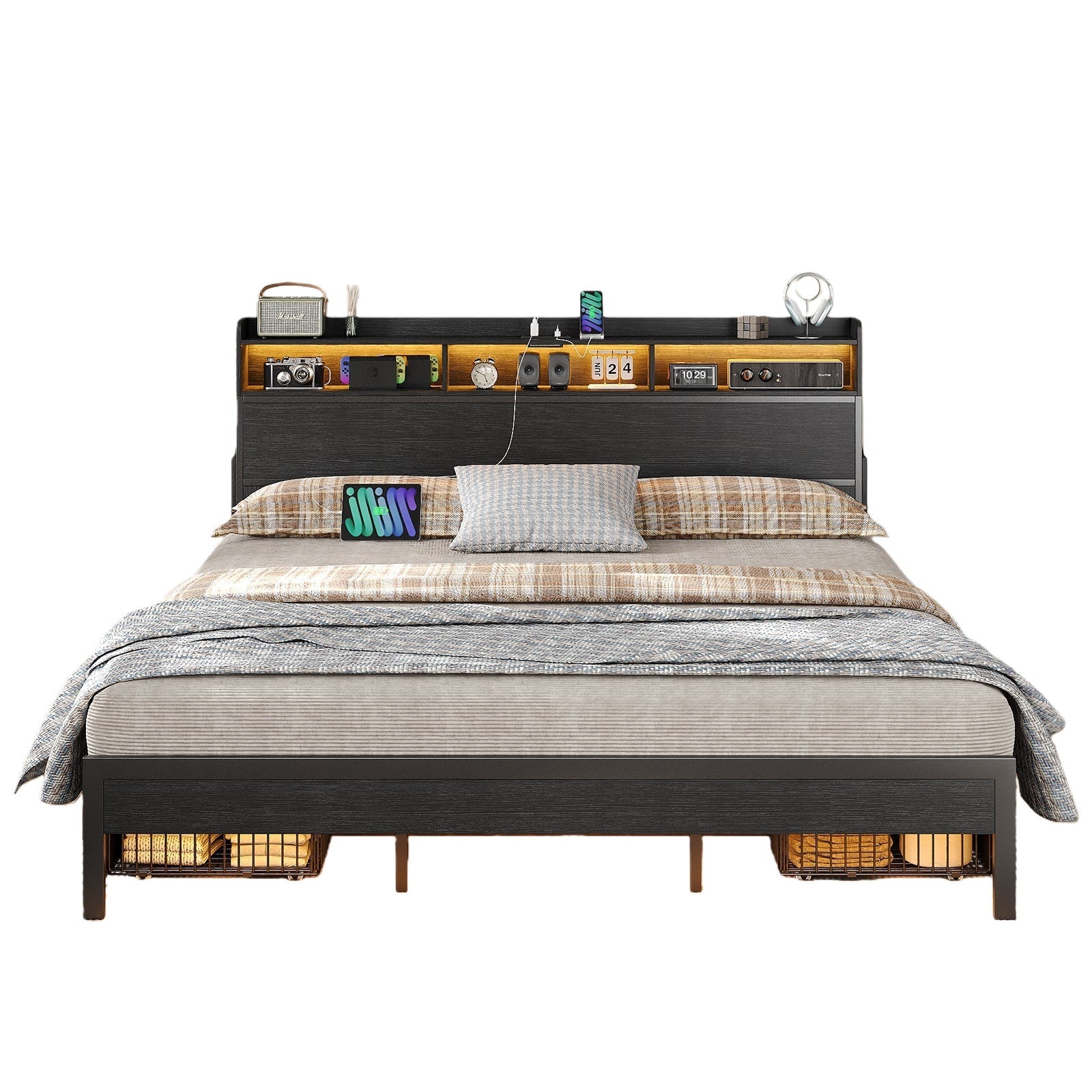 Full Bed Frame with Nightstands with USB Charging, No Box Spring Needed Black