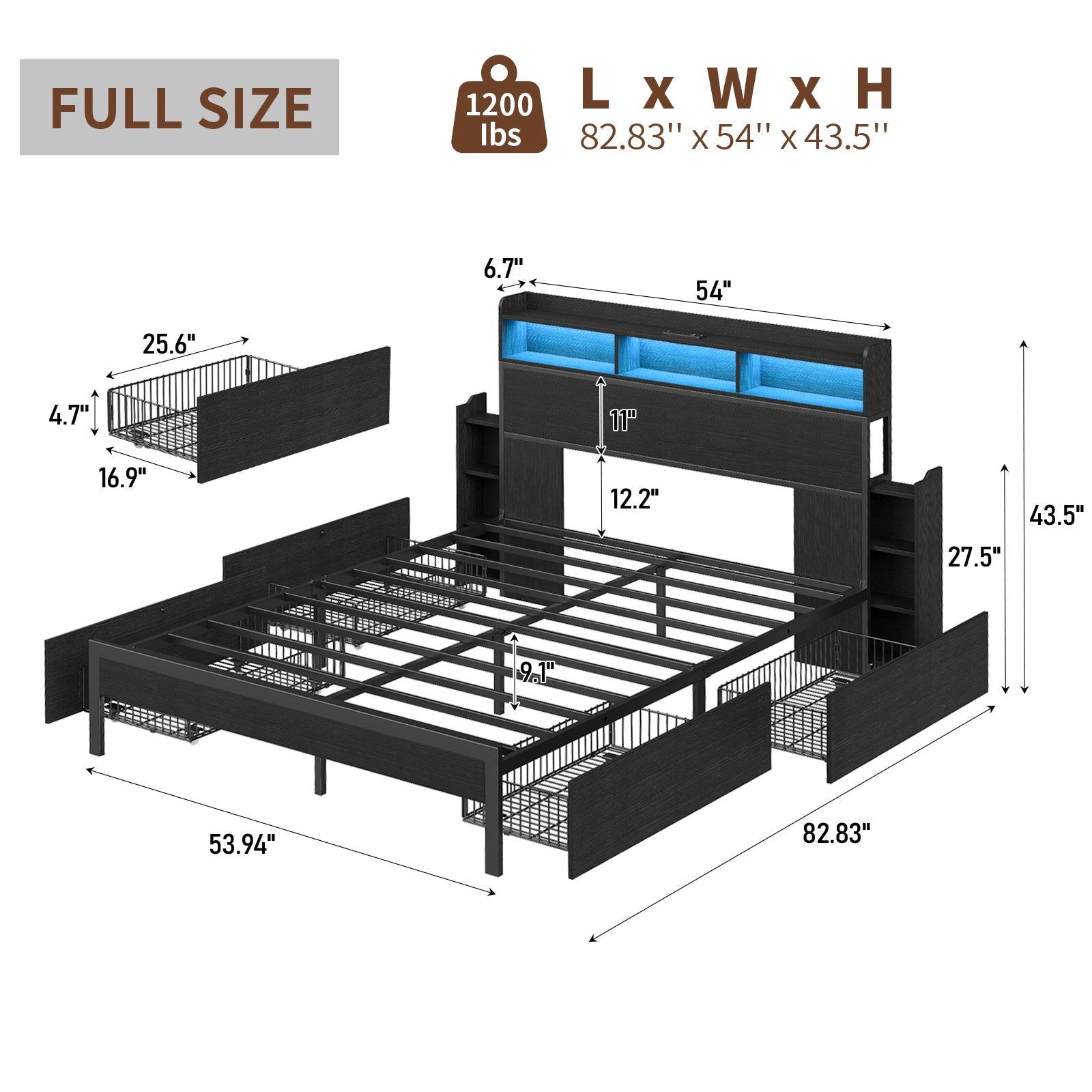 Full Bed Frame with Nightstands with USB Charging, No Box Spring Needed Black