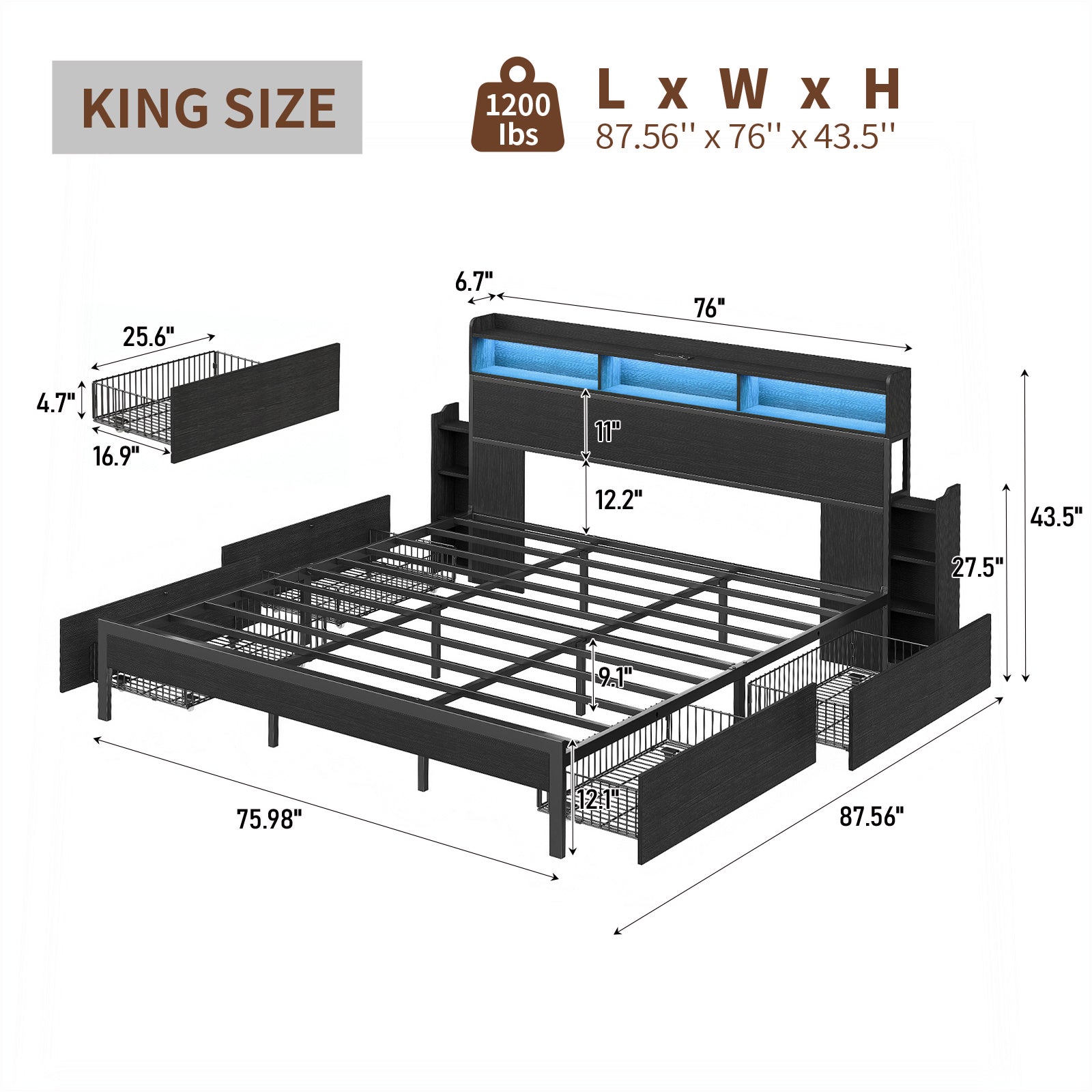 Full Bed Frame with Nightstands with USB Charging, No Box Spring Needed Black