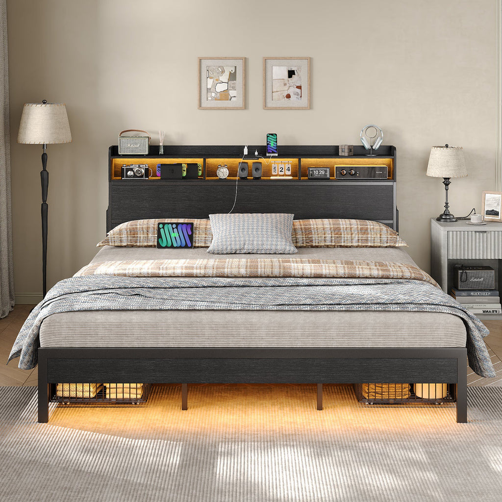 Full Bed Frame with Nightstands with USB Charging, No Box Spring Needed Black