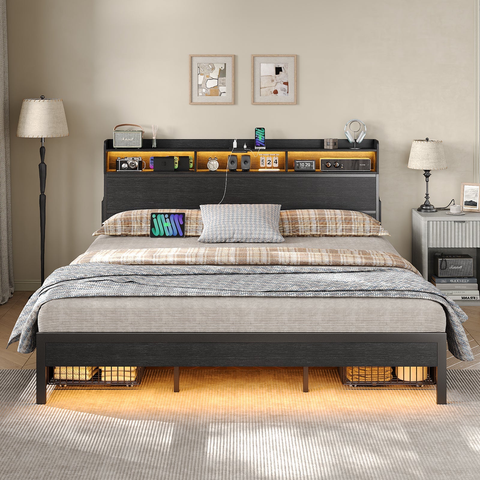 Full Bed Frame with Nightstands with USB Charging, No Box Spring Needed Black