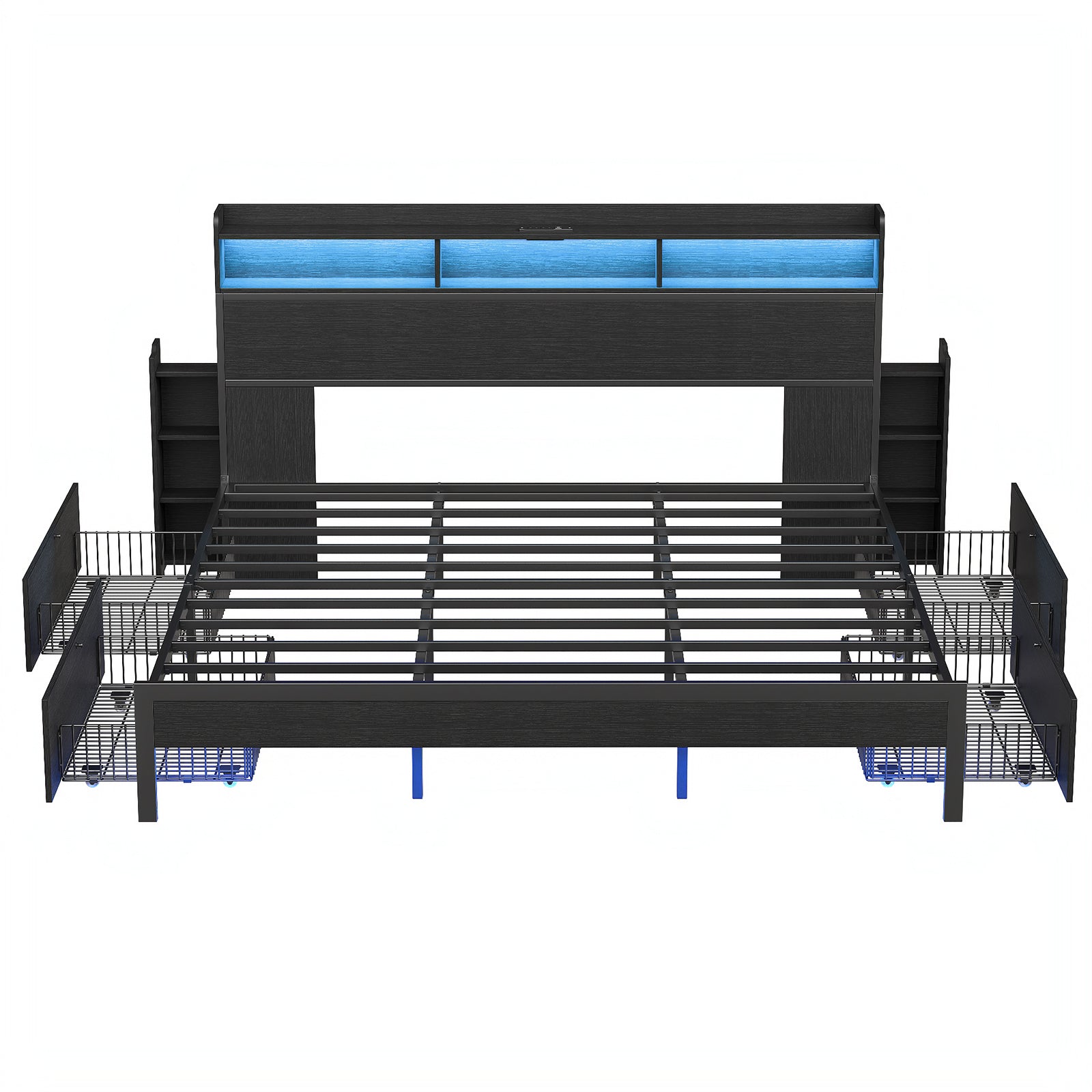 Full Bed Frame with Nightstands with USB Charging, No Box Spring Needed Black