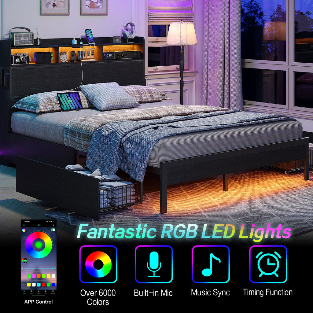 Full Bed Frame with Nightstands with USB Charging, No Box Spring Needed Black