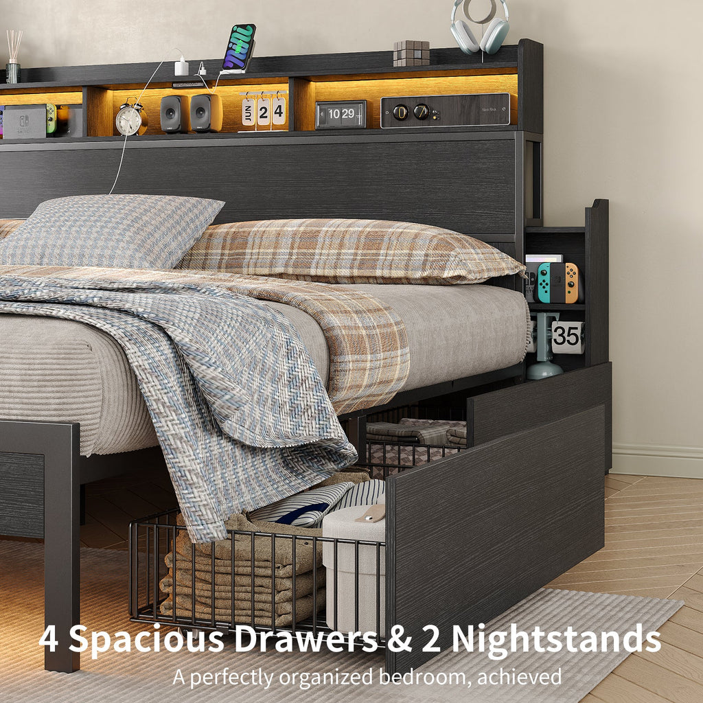 Full Bed Frame with Nightstands with USB Charging, No Box Spring Needed Black