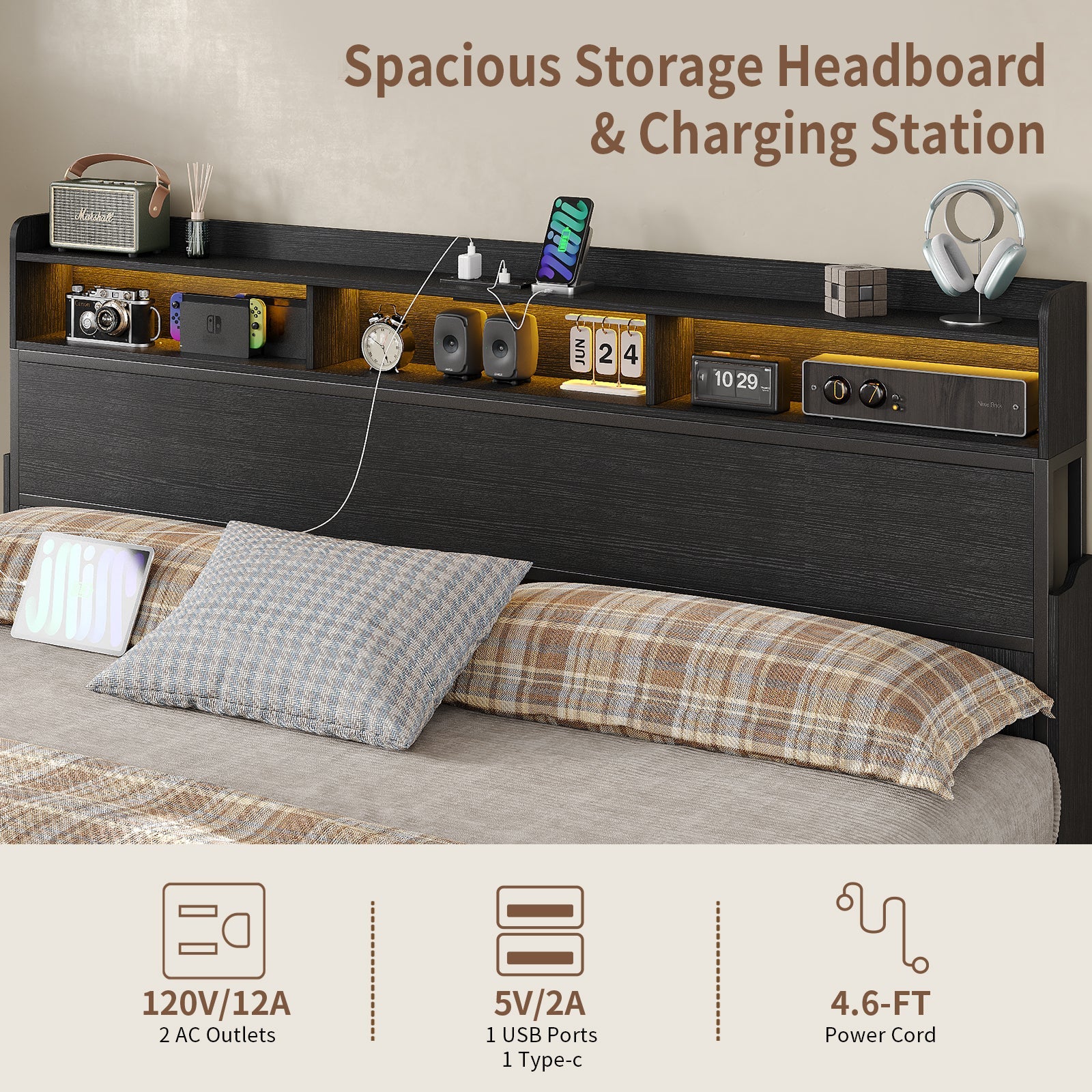 Full Bed Frame with Nightstands with USB Charging, No Box Spring Needed Black