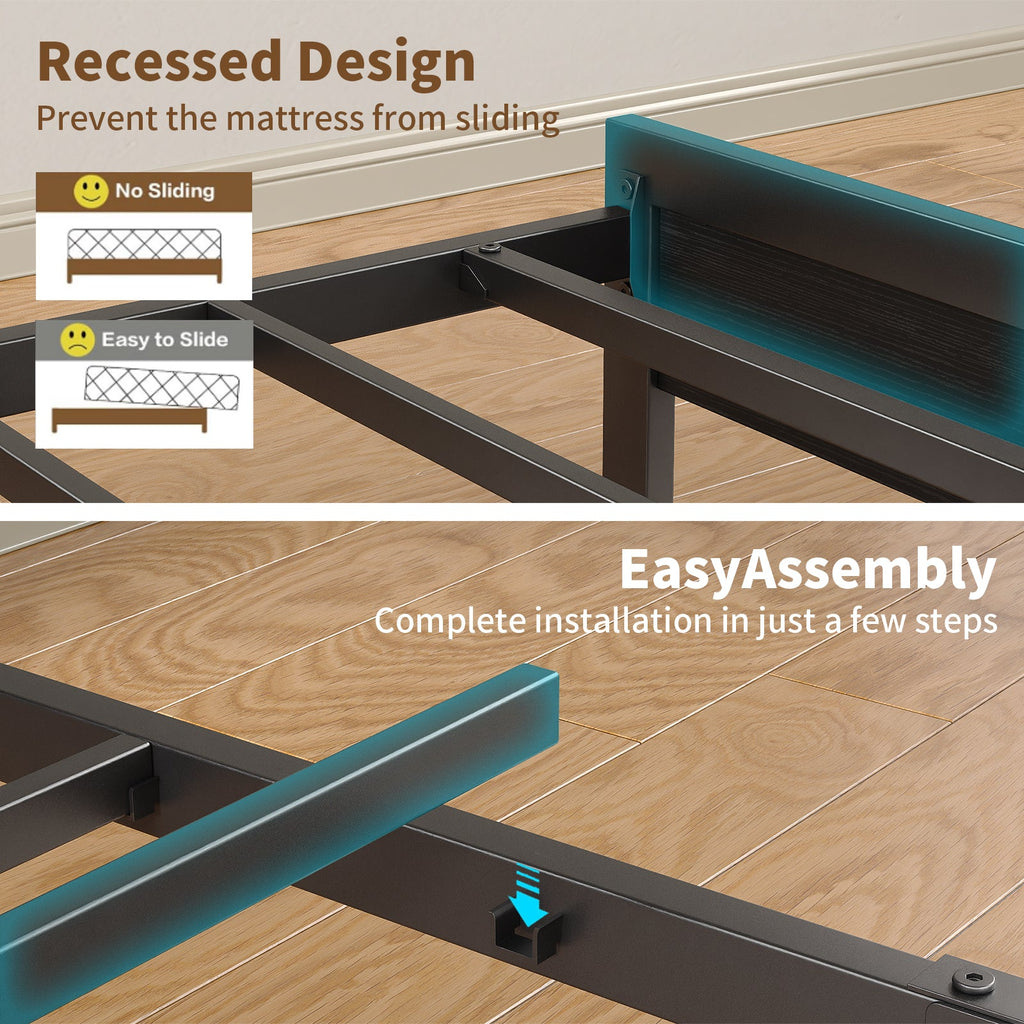 Full Bed Frame with Nightstands with USB Charging, No Box Spring Needed Black