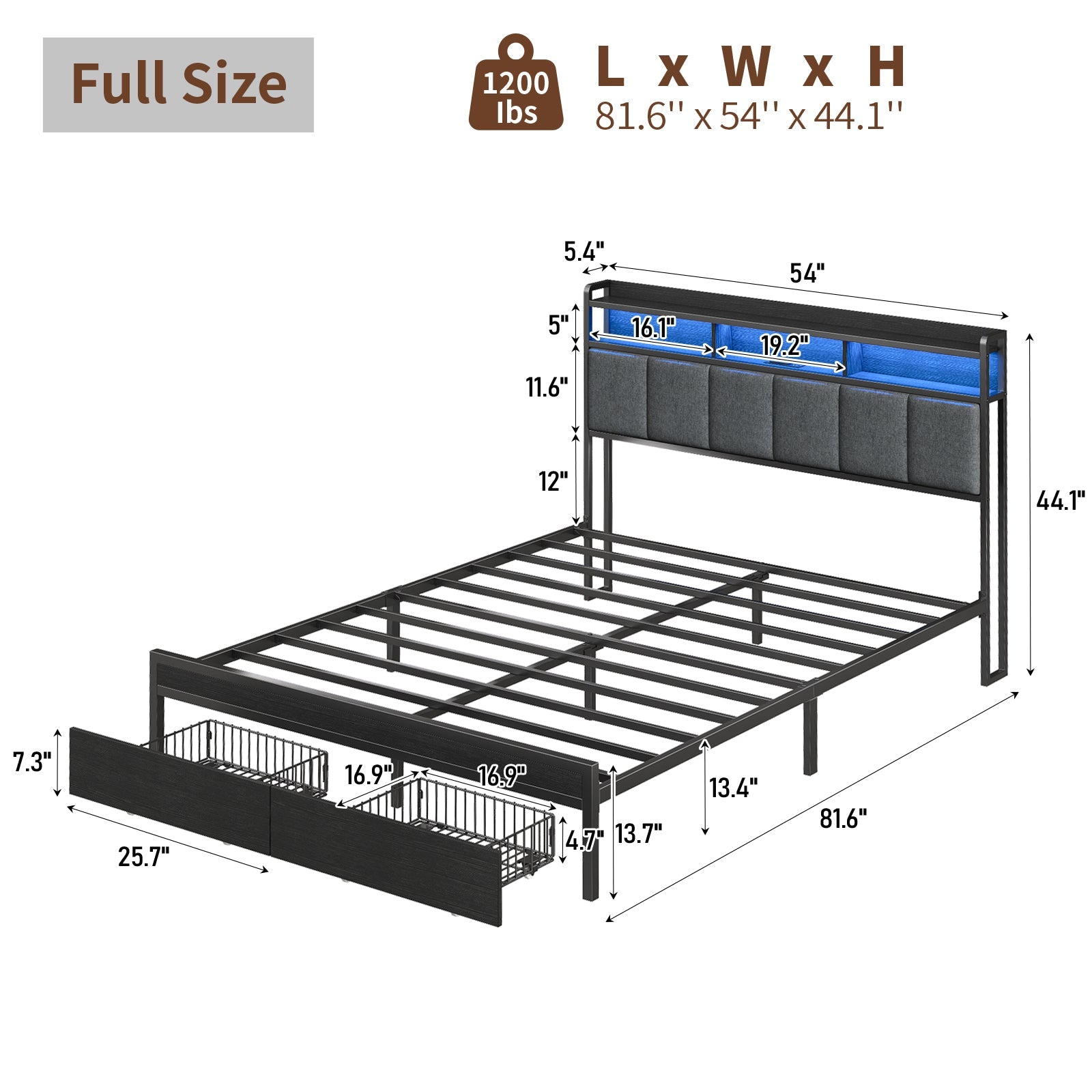 Full RGB LED Bed Frame with RGB LED, USB Charging, Storage Drawers, No Box Spring Needed Black