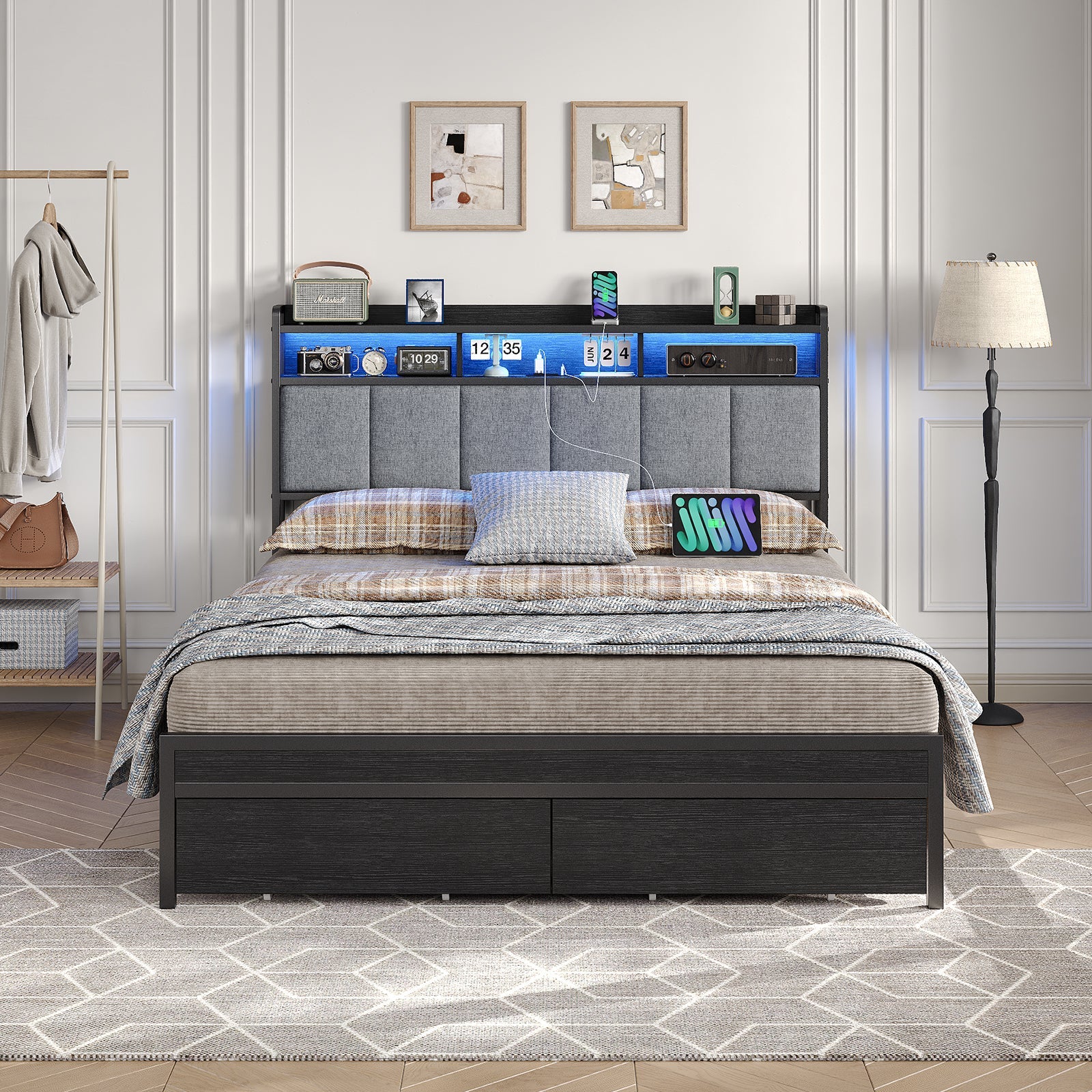 Full RGB LED Bed Frame with RGB LED, USB Charging, Storage Drawers, No Box Spring Needed Black