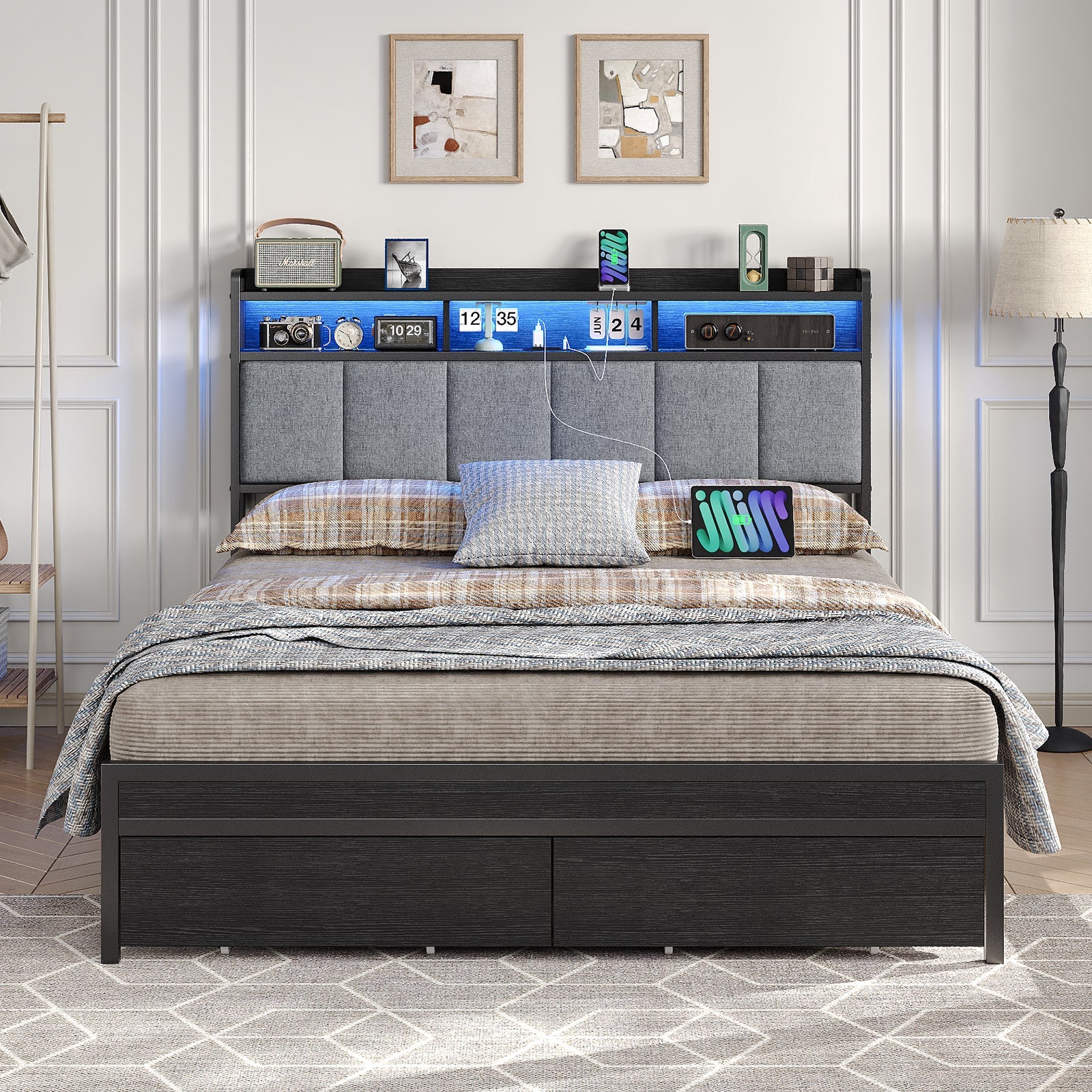 Full RGB LED Bed Frame with RGB LED, USB Charging, Storage Drawers, No Box Spring Needed Black