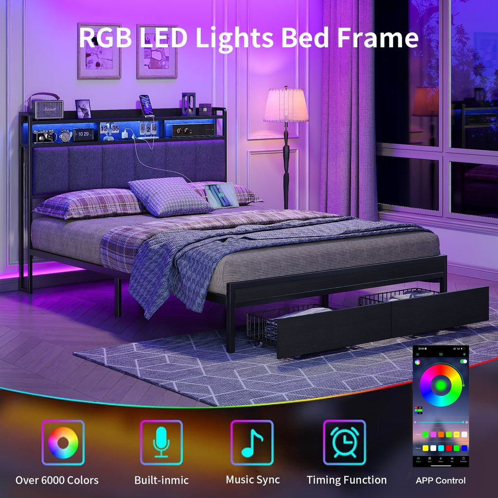 Full RGB LED Bed Frame with RGB LED, USB Charging, Storage Drawers, No Box Spring Needed Black
