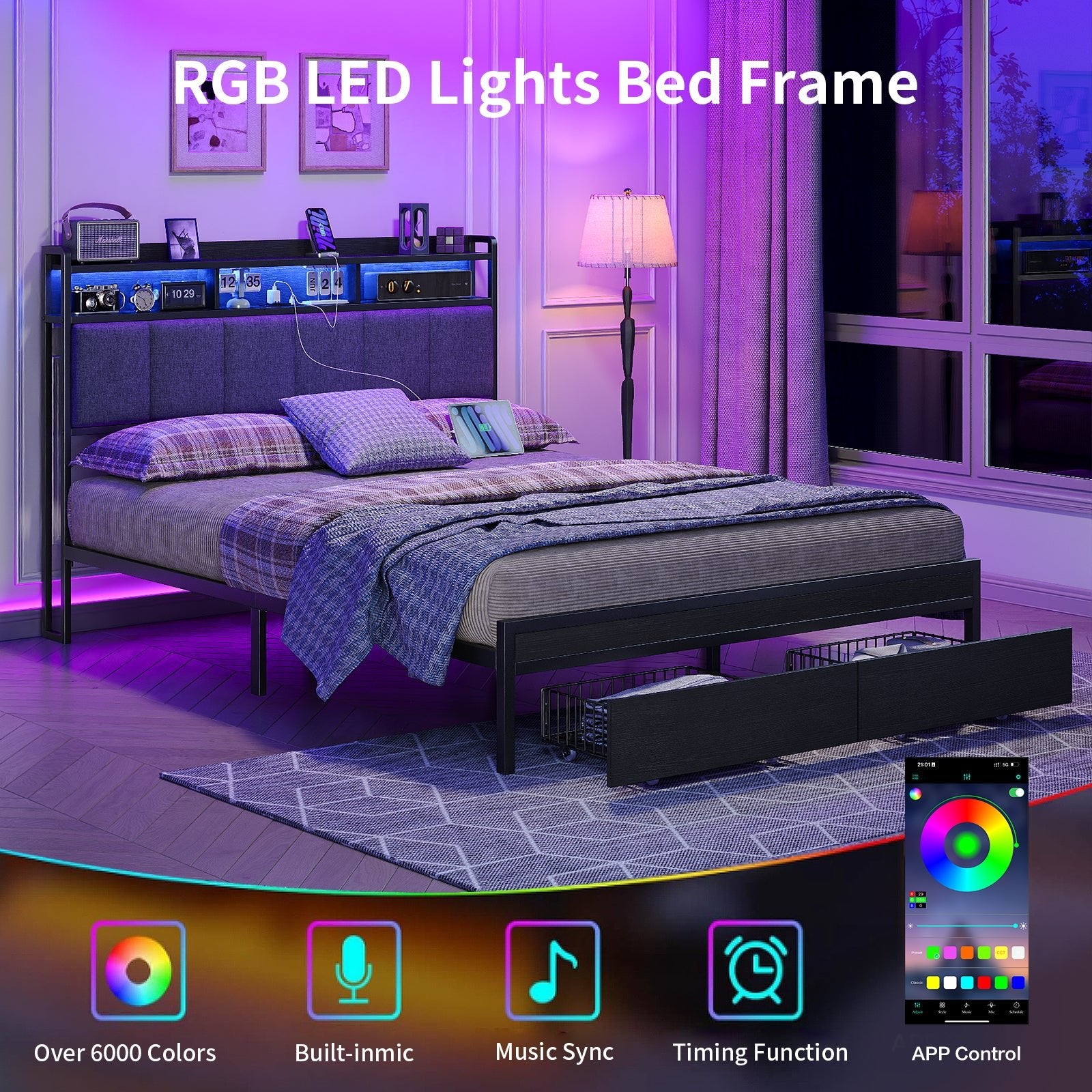 Full RGB LED Bed Frame with RGB LED, USB Charging, Storage Drawers, No Box Spring Needed Black