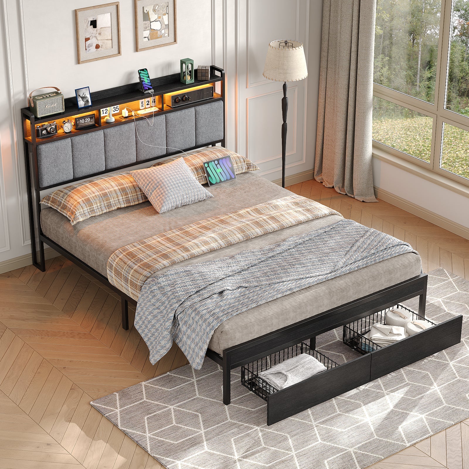 Full RGB LED Bed Frame with RGB LED, USB Charging, Storage Drawers, No Box Spring Needed Black