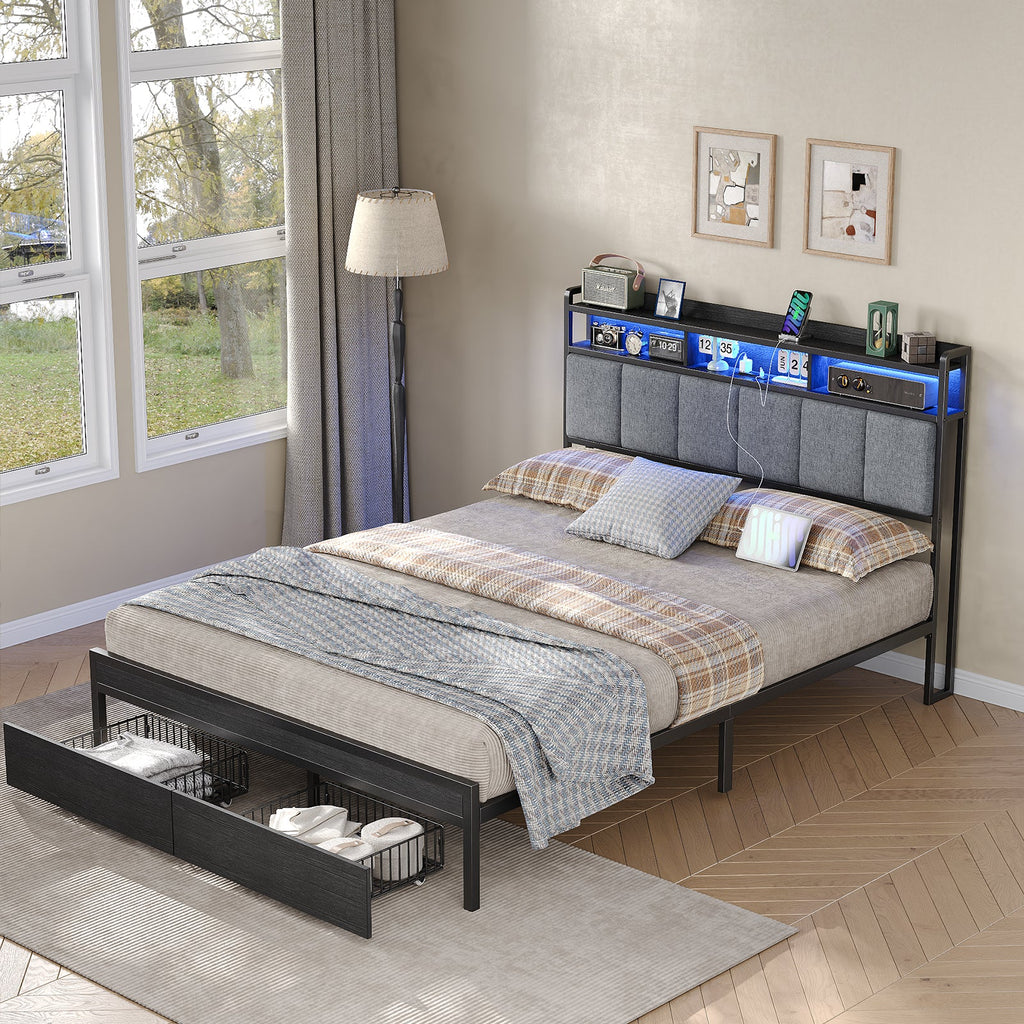 Full RGB LED Bed Frame with RGB LED, USB Charging, Storage Drawers, No Box Spring Needed Black