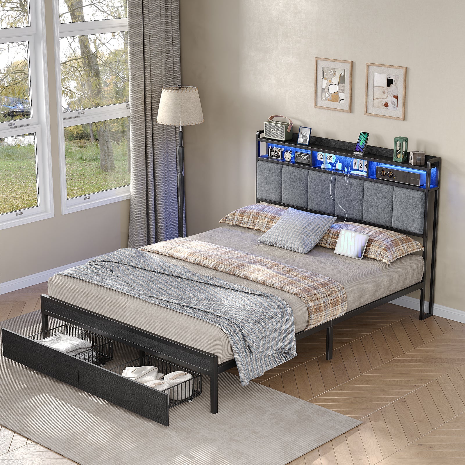 Full RGB LED Bed Frame with RGB LED, USB Charging, Storage Drawers, No Box Spring Needed Black