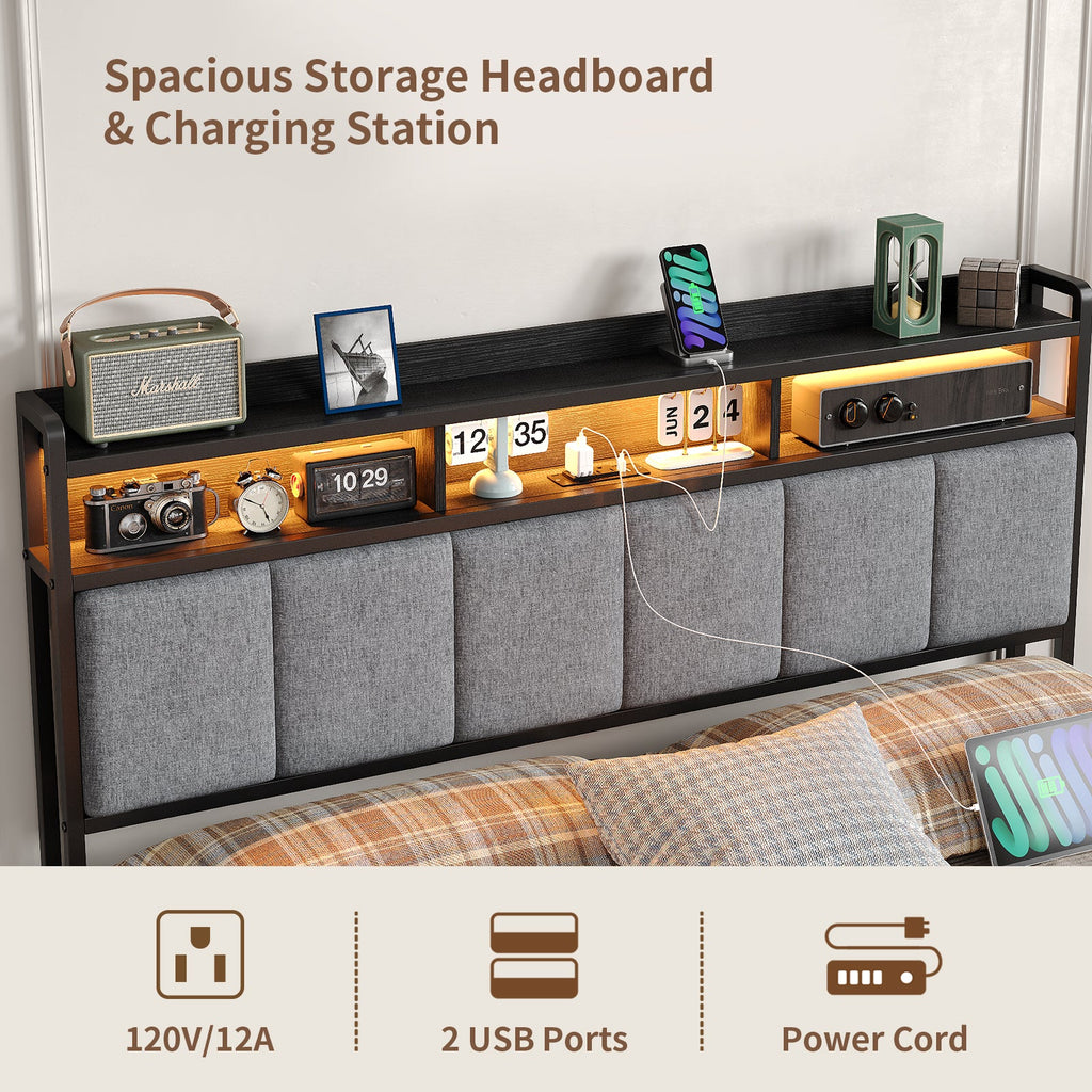 Full RGB LED Bed Frame with RGB LED, USB Charging, Storage Drawers, No Box Spring Needed Black