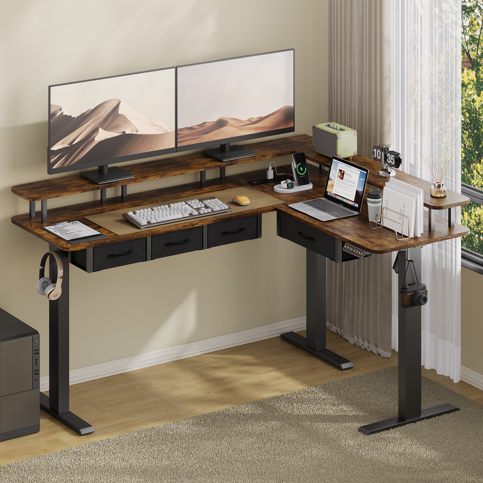 Electric Standing Desk with RGB LED with Monitor Stand Rustic Brown