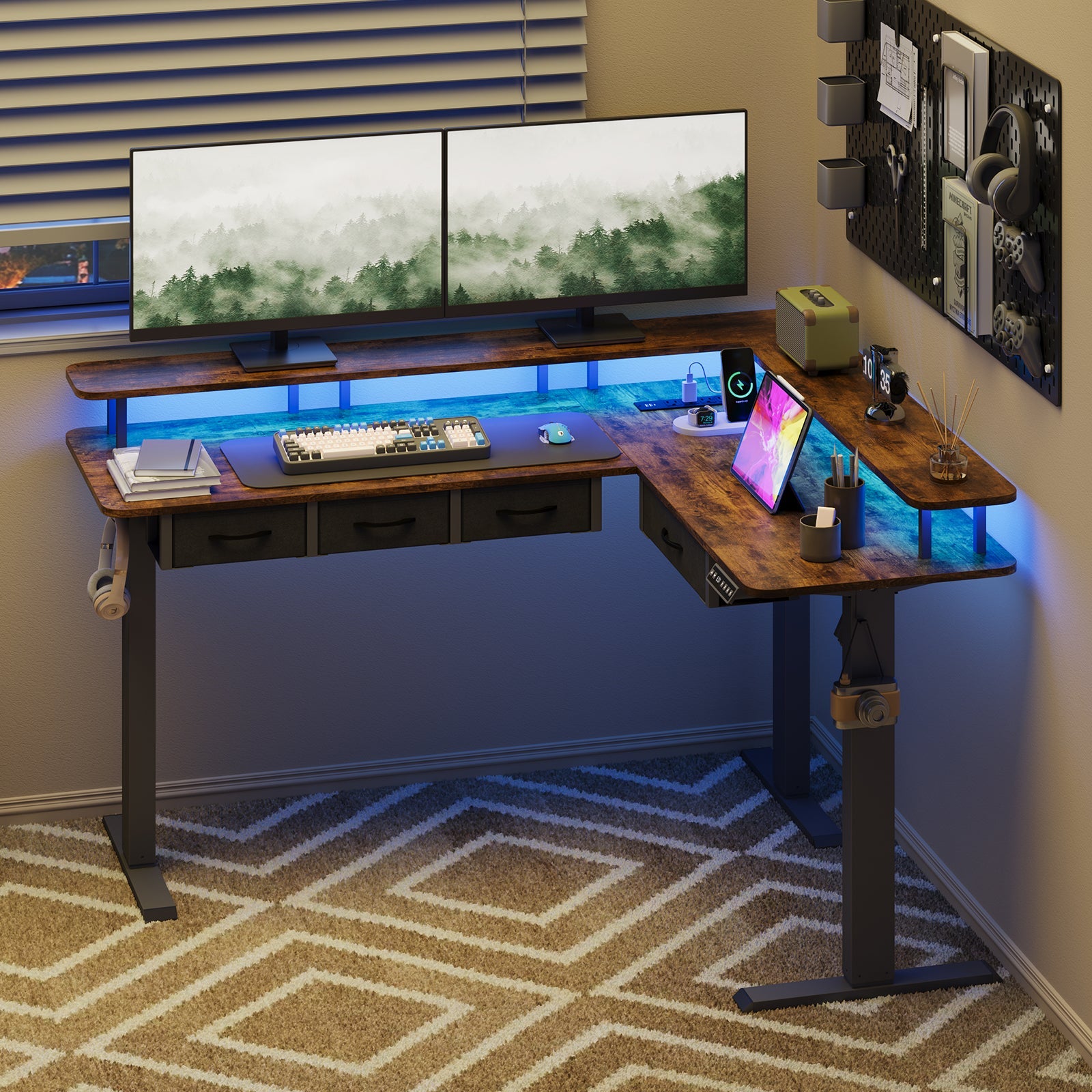 Electric Standing Desk with RGB LED with Monitor Stand Rustic Brown