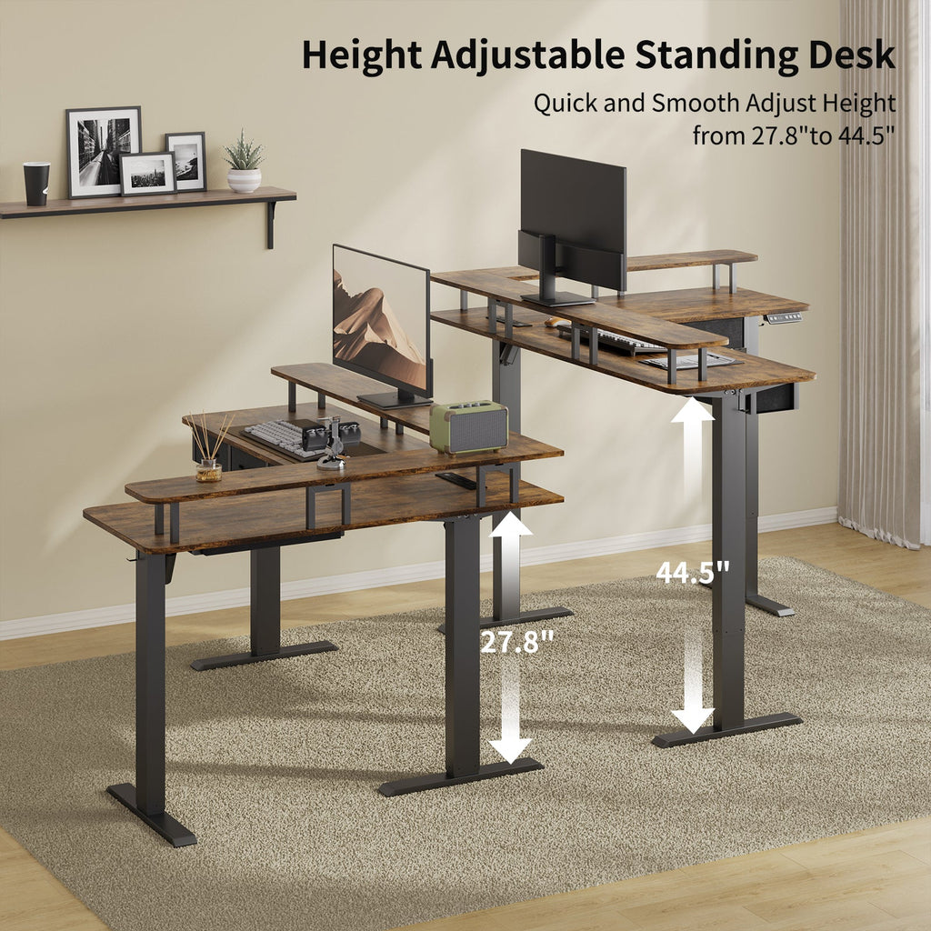 Vektaya CPT003 - BR Electric L Shaped Standing Desk with Drawers, RGB LED,Monitor Stand, Rustic Brown - VektayaFurnitureCPT003-BR