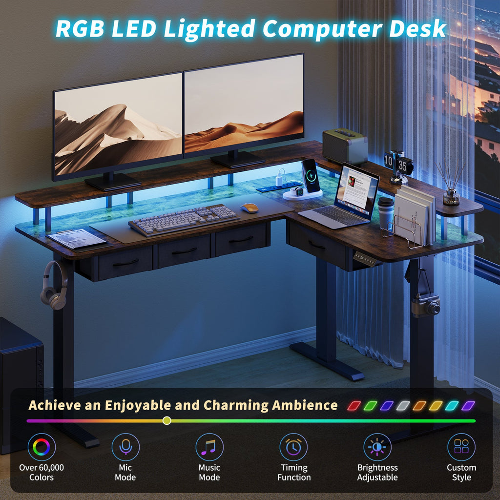 Vektaya CPT003 - BR Electric L Shaped Standing Desk with Drawers, RGB LED,Monitor Stand, Rustic Brown - VektayaFurnitureCPT003-BR