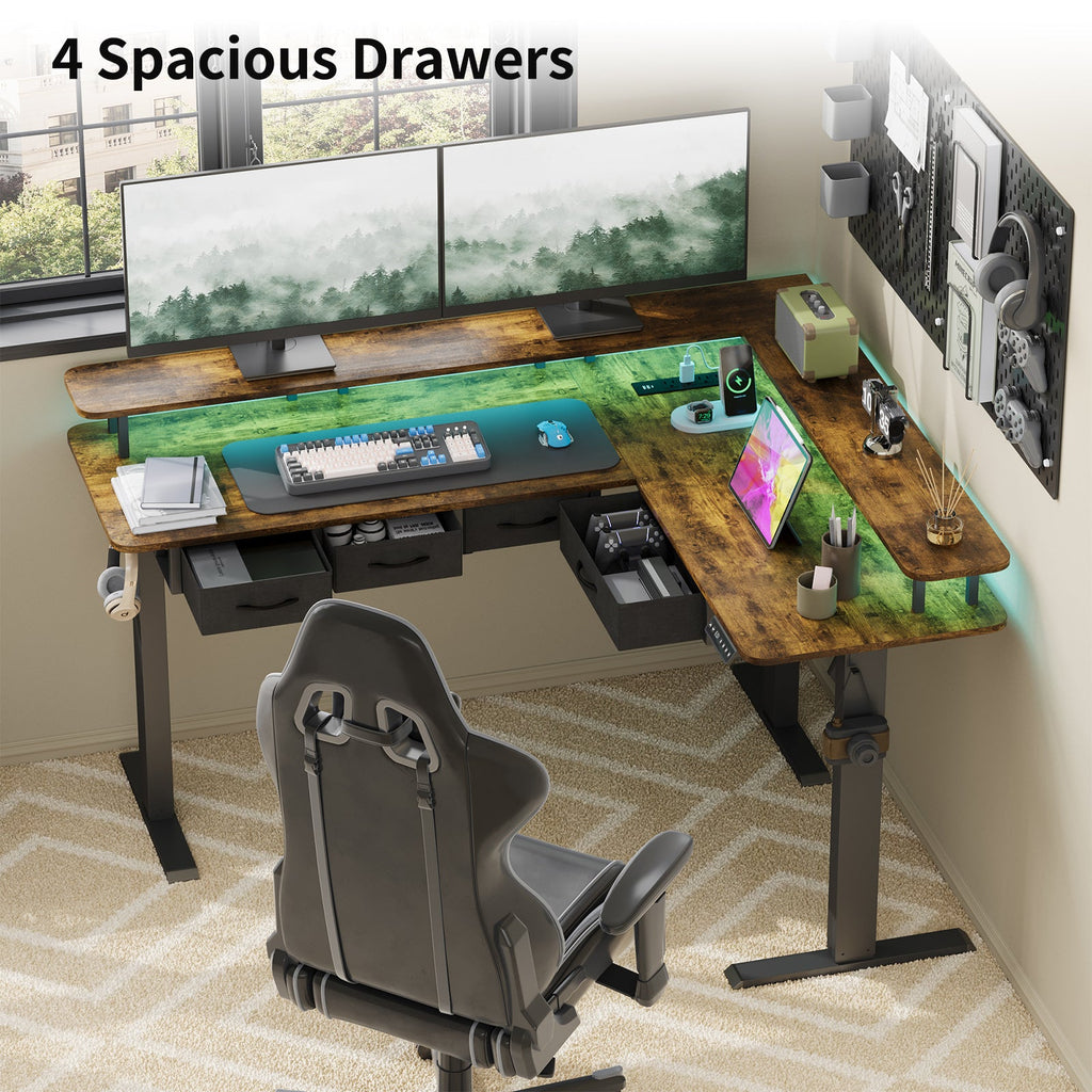 Vektaya CPT003 - BR Electric L Shaped Standing Desk with Drawers, RGB LED,Monitor Stand, Rustic Brown - VektayaFurnitureCPT003-BR