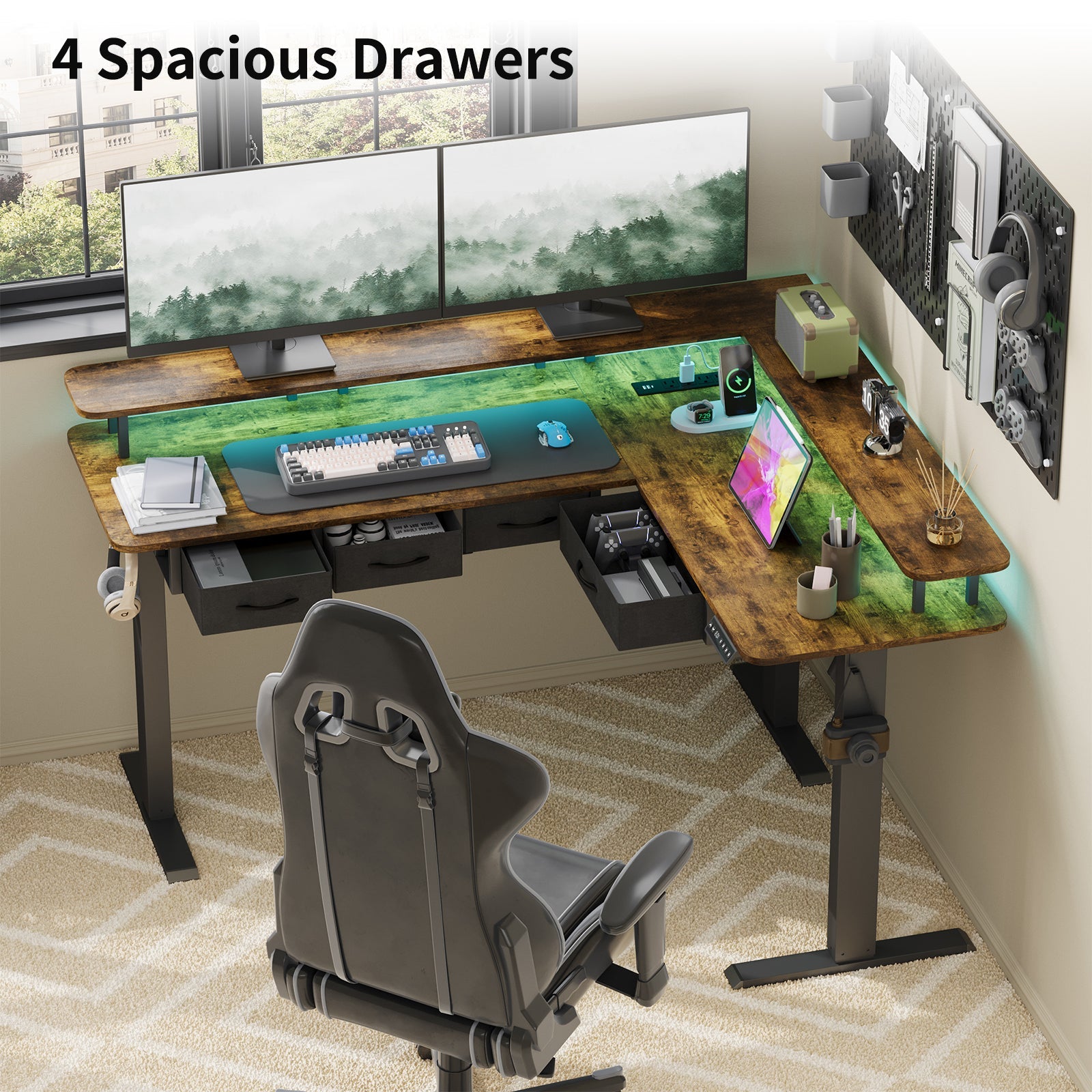 Vektaya CPT003 - BR Electric L Shaped Standing Desk with Drawers, RGB LED,Monitor Stand, Rustic Brown - VektayaFurnitureCPT003-BR