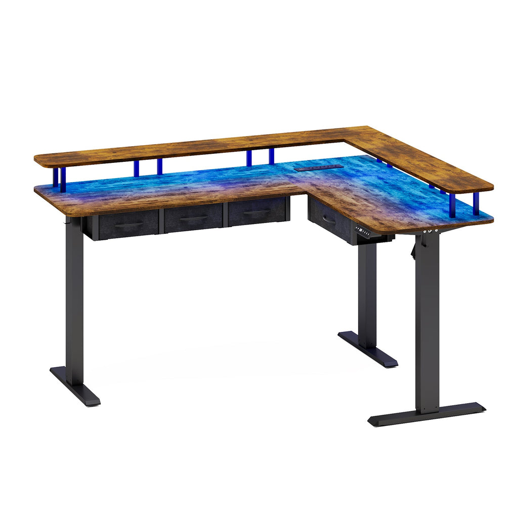 Vektaya CPT003 - BR Electric L Shaped Standing Desk with Drawers, RGB LED,Monitor Stand, Rustic Brown - VektayaFurnitureCPT003-BR