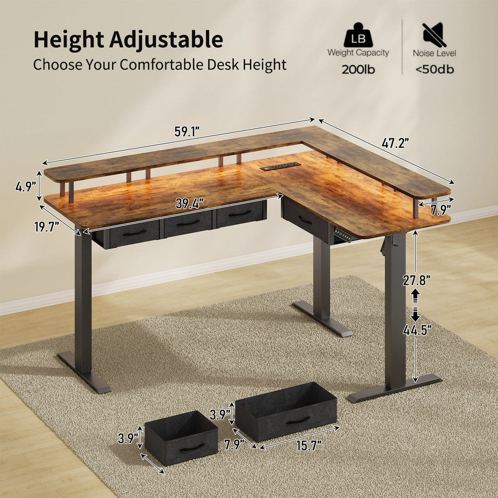 Vektaya CPT003 - BR Electric L Shaped Standing Desk with Drawers, RGB LED,Monitor Stand, Rustic Brown - VektayaFurnitureCPT003-BR
