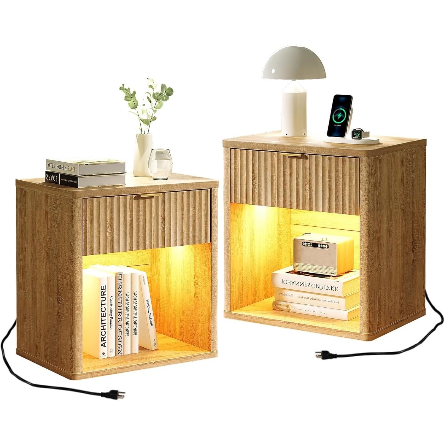 Fluted LED Nightstand with Charging Station, Drawer Side Tables, Oak