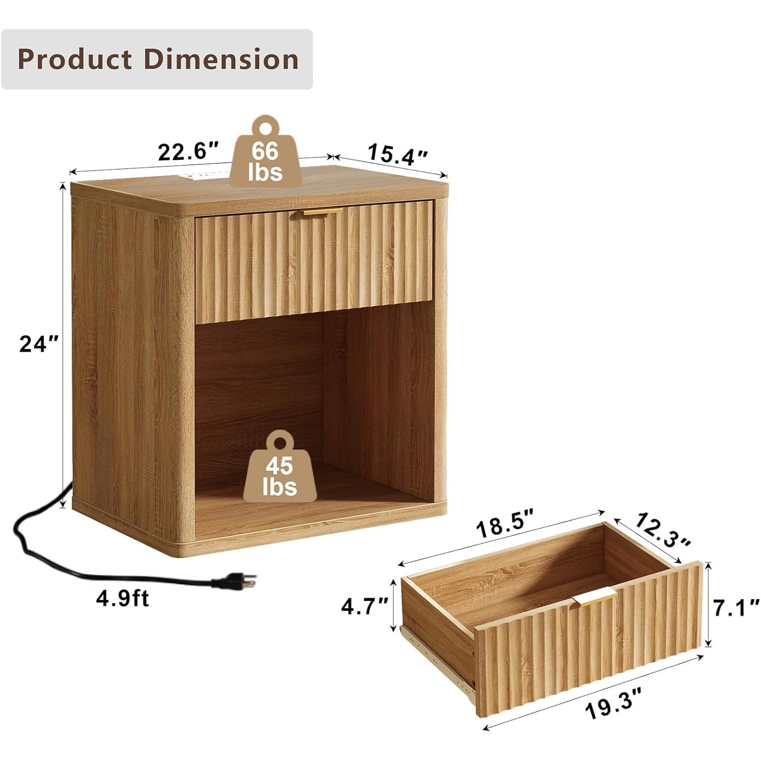 Fluted LED Nightstand with Charging Station, Drawer Side Tables, Oak