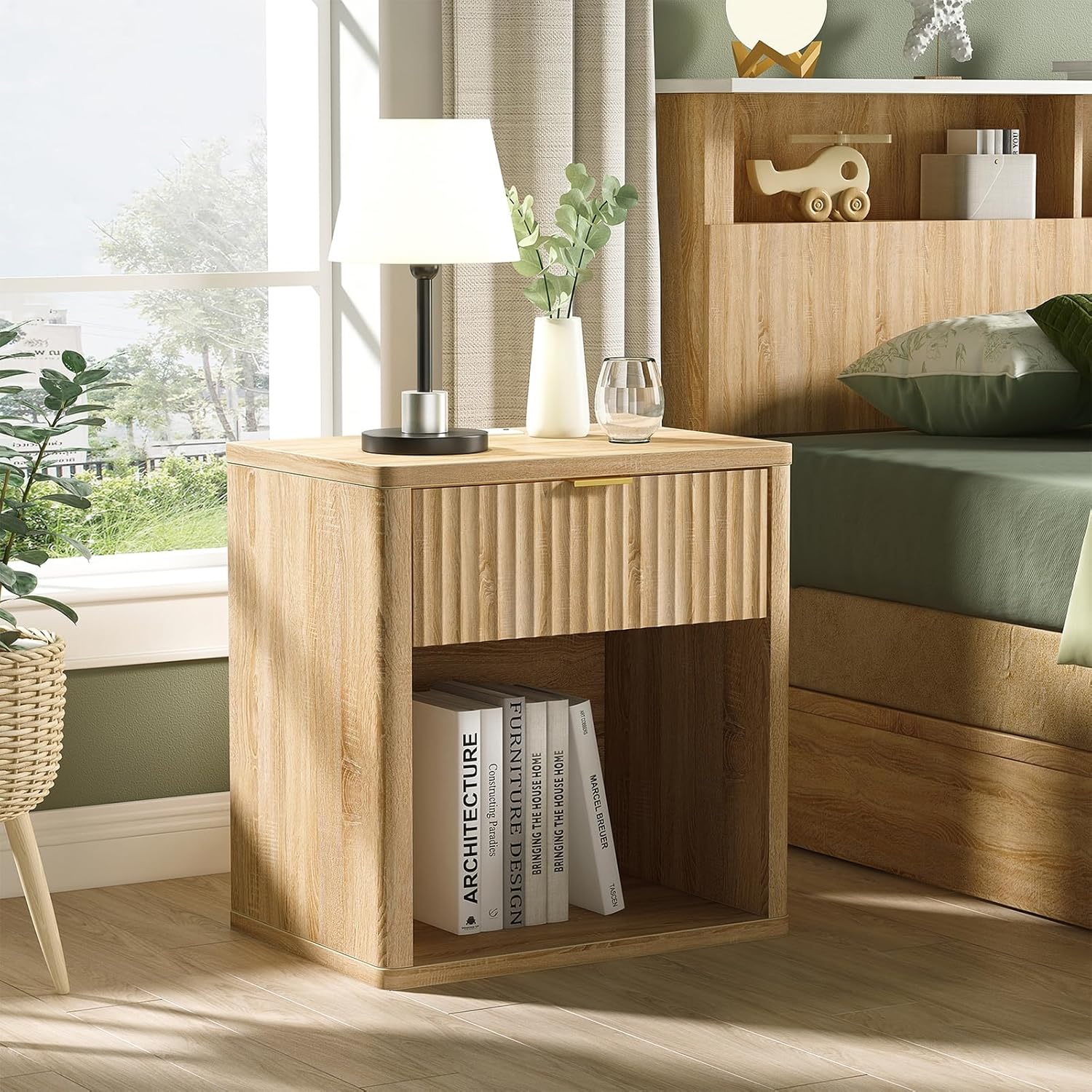 Fluted LED Nightstand with Charging Station, Drawer Side Tables, Oak