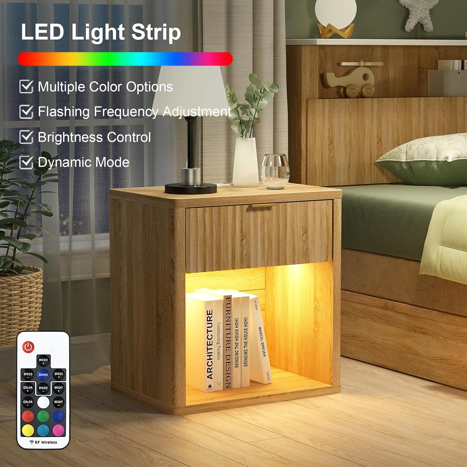 Fluted LED Nightstand with Charging Station, Drawer Side Tables, Oak